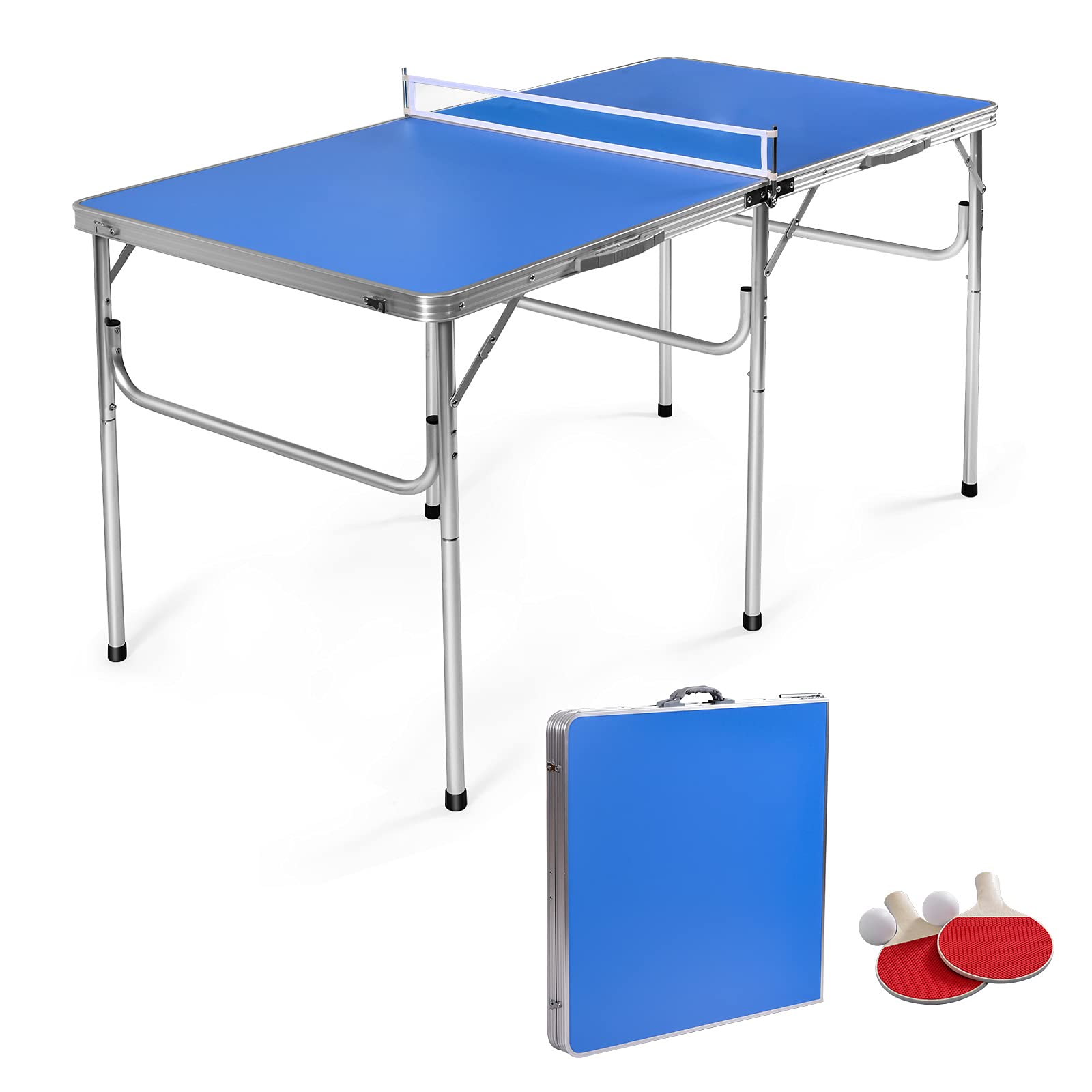 GYMAX Folding Ping Pong Table Set - Indoor Table Tennis Table with Net, 2 Paddles & 3 Balls | Free Standing for Home, Office, Game Room & Backyard Fun