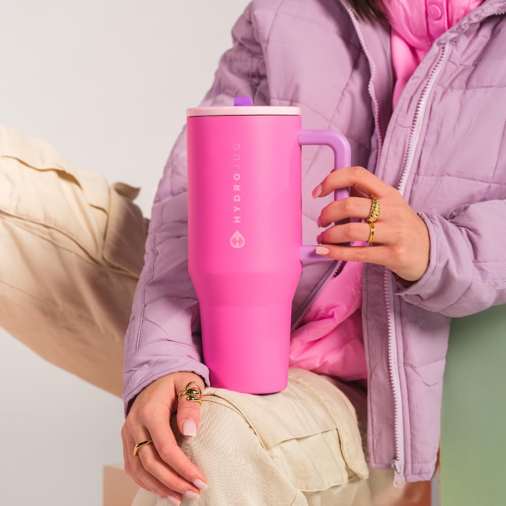HydroJug Traveler - 40 oz Insulated Stainless Steel Water Bottle with Handle & Flip Straw - Leak Proof Tumbler with Rubber Base - Fits in Car Cup Holder - Perfect Gift for Women & Men (Pink Sugar) - Ideal for Gym, Hiking, Office & Travel Hydration