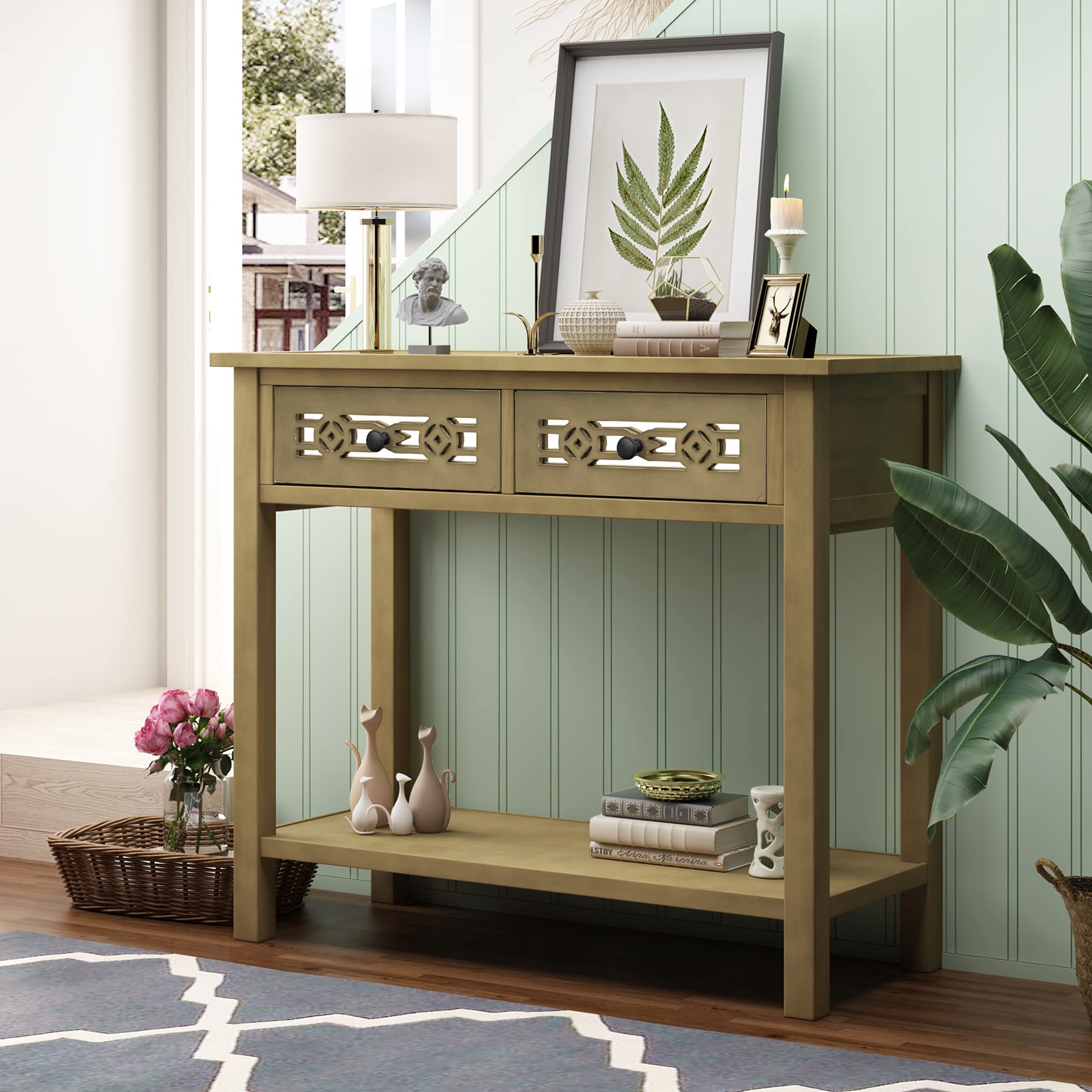 RUNNA Classic Console Table with Hollow-Out Design, Sofa Side Table with 2 Drawers & Open Shelf, Entryway Table for Living Room, Bedroom, Hallway - Gold & Wood Finish | Perfect for Home Decor, Small Space Furniture & Apartment Essentials
