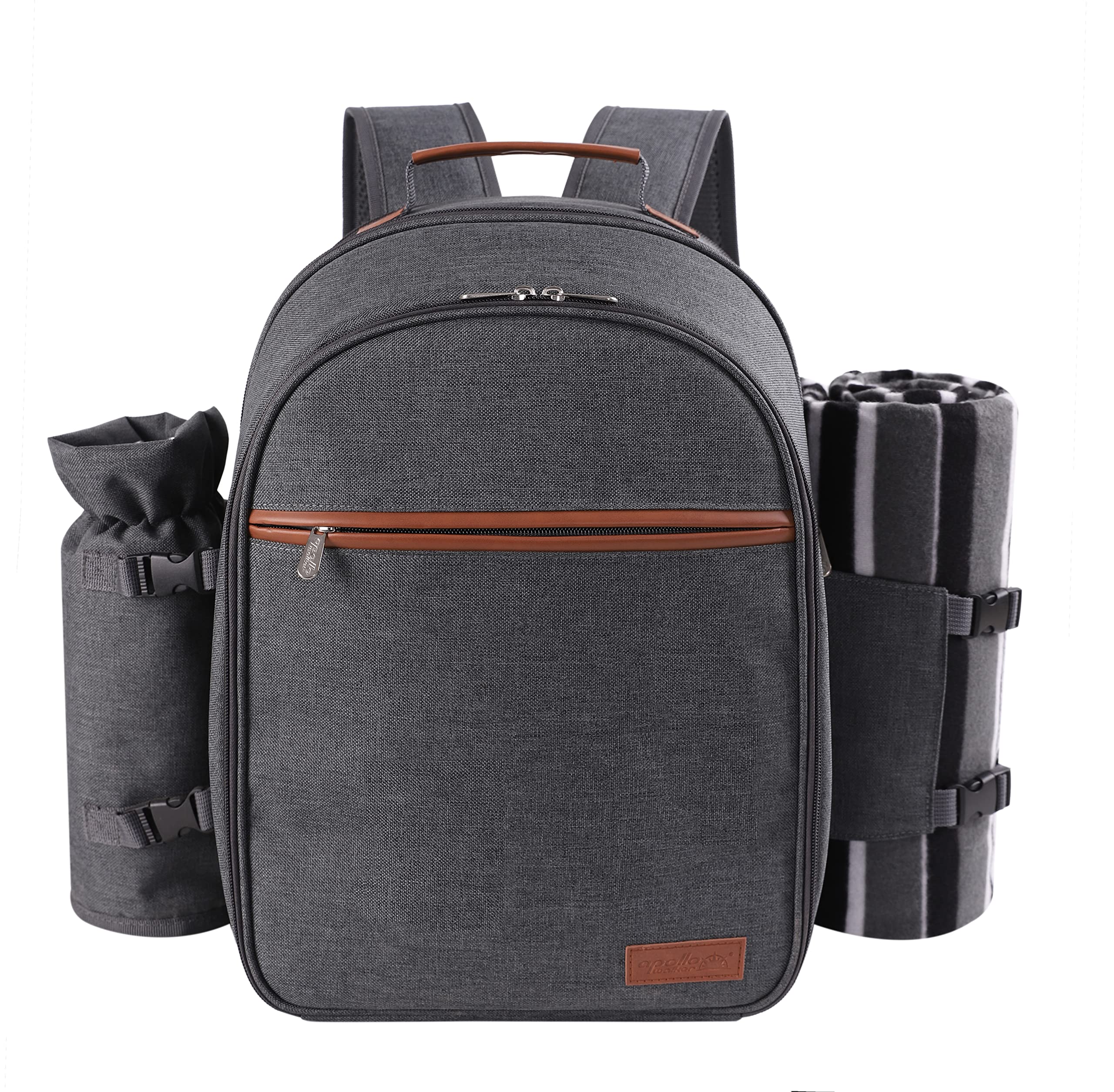 Apollo Walker 2 Person Picnic Backpack Set with Insulated Cooler Compartment, Removable Wine Bottle Holder, Soft Fleece Blanket & Complete Cutlery Kit - Perfect for Outdoor Picnics, Beach Trips and Camping (Dark Gray)