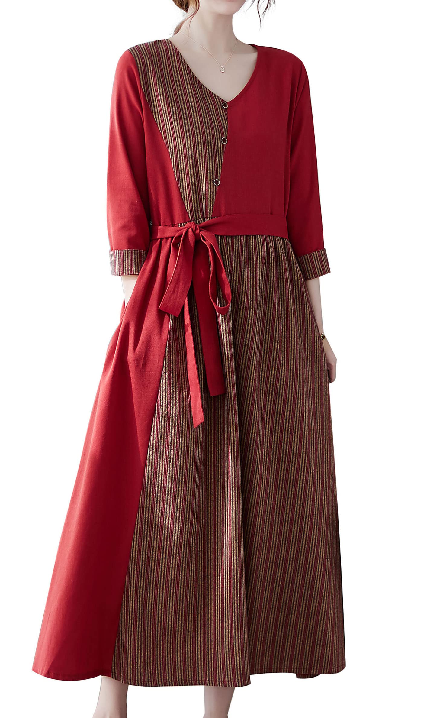 DOVWOER Women's Fall Casual Button Front Midi Dress with Pockets - Flowy A-Line Tunic Dress for Work, Office, Date Night & Autumn Outings