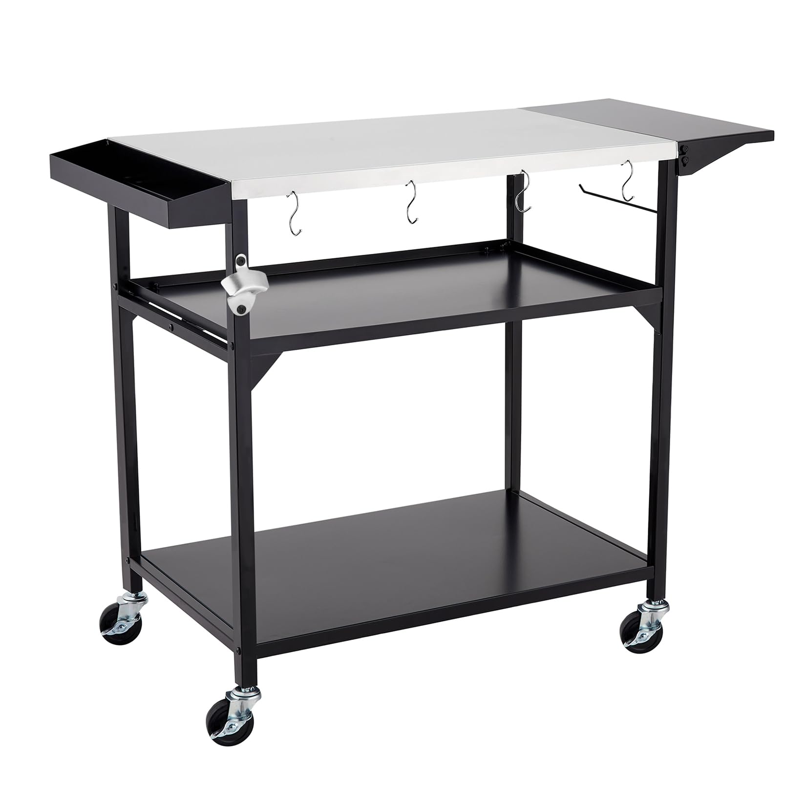 Stainless Steel Outdoor Grill Cart with 4 Wheels - Portable Pizza Oven Table, Movable Prep Station & Metal Work Table with Side Shelf & Storage Rack | Perfect for Backyard BBQ, Patio Cooking & Outdoor Entertaining