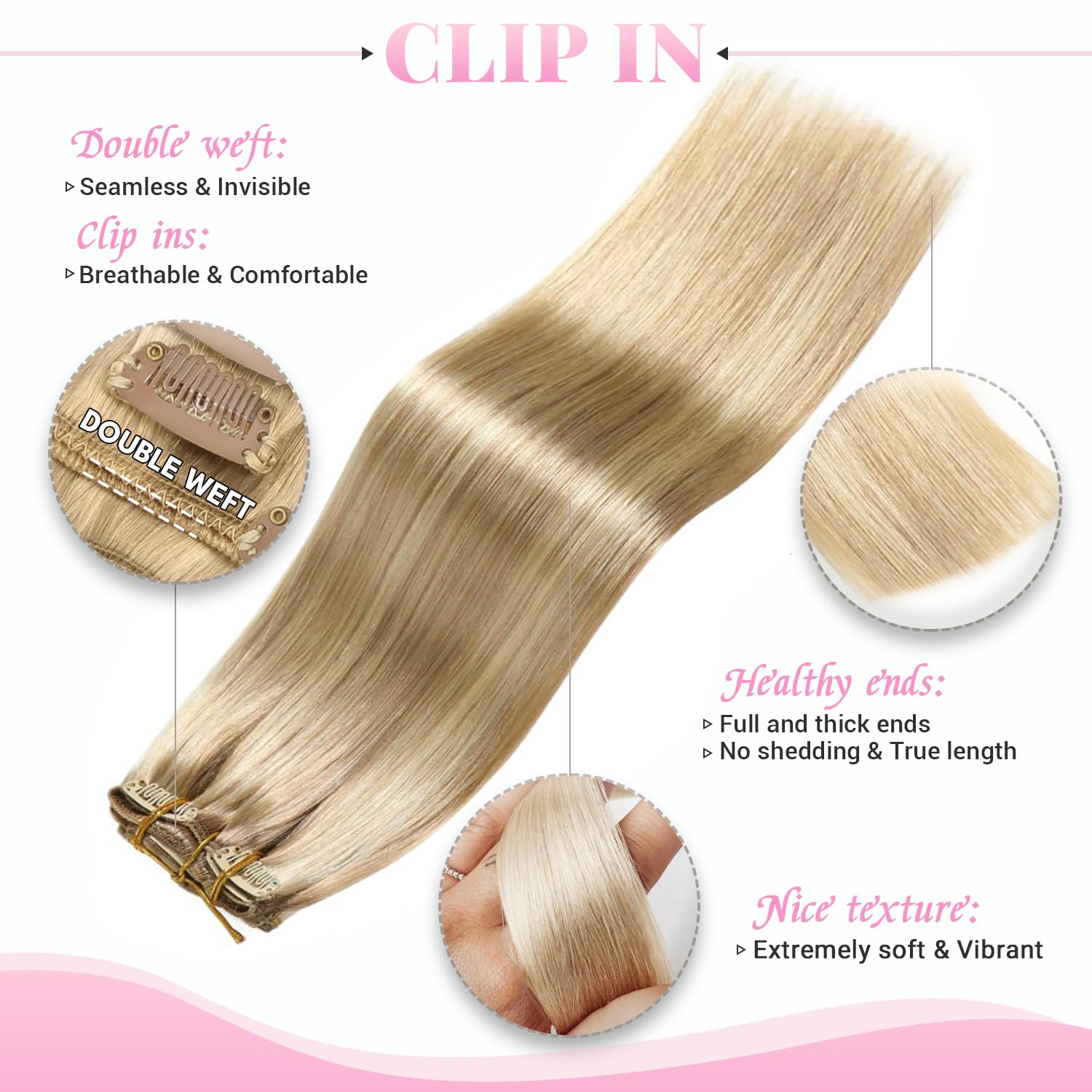 Evala Clip in Hair Extensions 7pcs 120g 20 Inch Real Human Hair - #P18/613 Ash Blonde Mix Bleach Blonde | Perfect for Parties, Weddings & Daily Styling