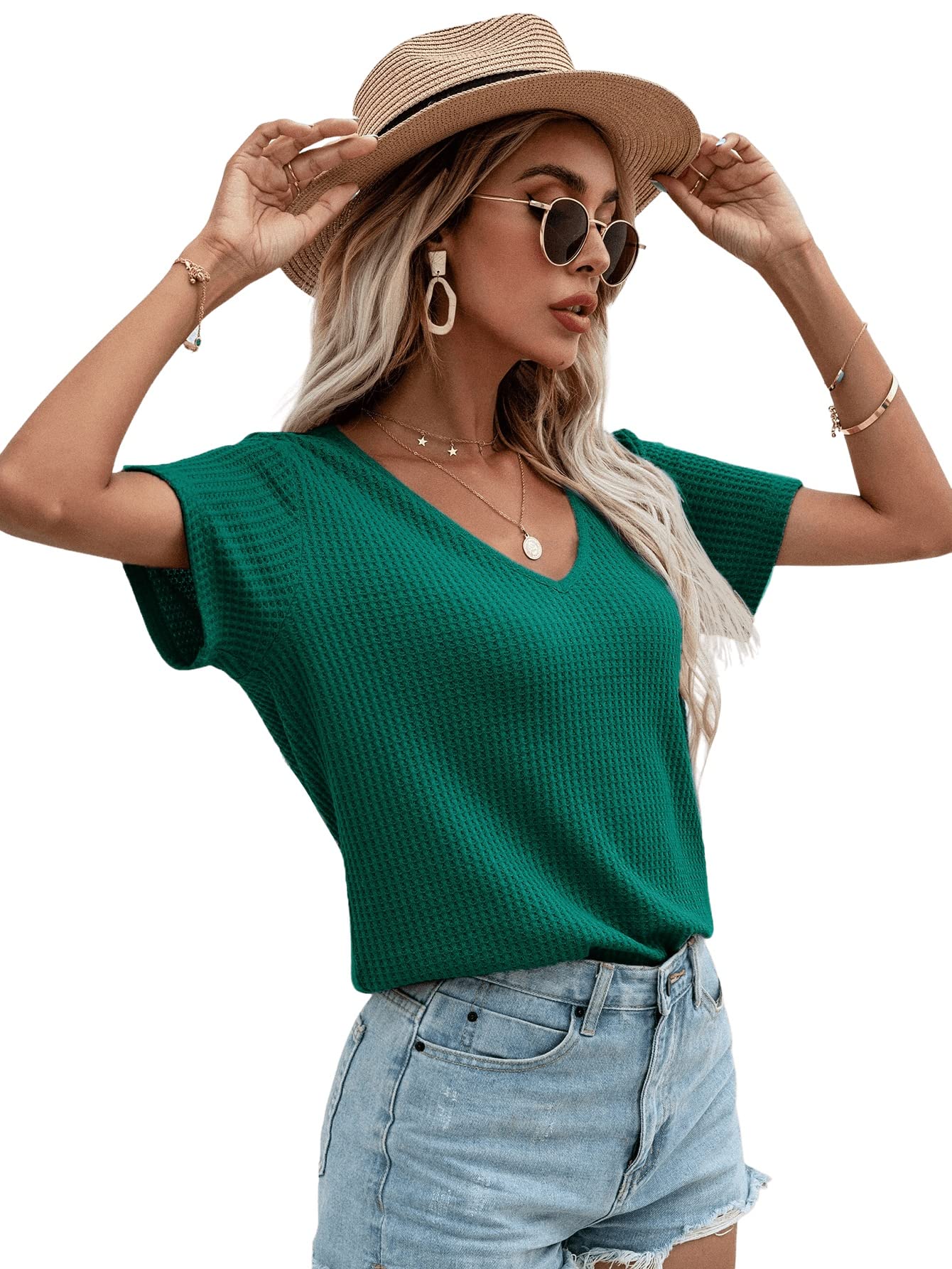 SweatyRocks Women's Casual V-Neck Short Sleeve Waffle Knit T-Shirt - Soft & Comfortable Summer Tee for Everyday Wear, Outfits & Layering
