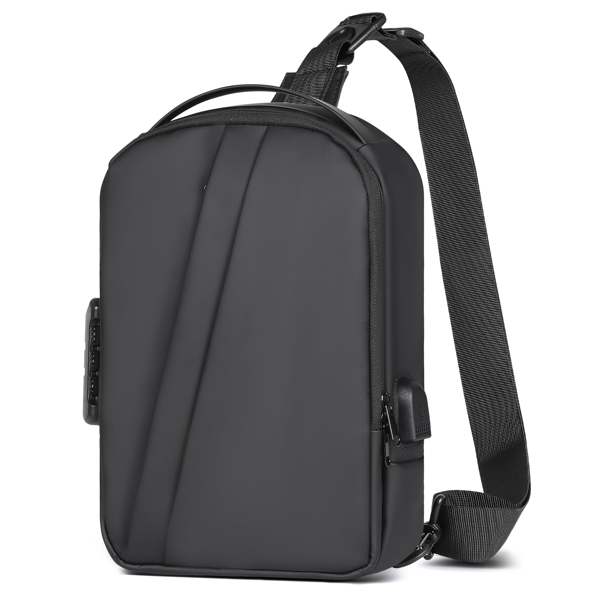 Geestock Men's Anti-Theft Crossbody Sling Bag with Password Lock - Waterproof USB Charging Backpack, PU Leather Chest Shoulder Bag for Travel, Gym & Daily Use (Black)