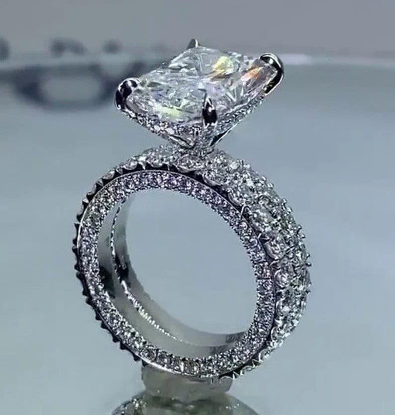 5 Carat Radiant Cut Diamond Bridal Ring Set | 14K White Gold Plated 925 Sterling Silver Wedding Eternity Band with Hidden Halo | Handmade Engagement Ring for Women | Perfect for Proposals, Anniversaries & Special Occasions