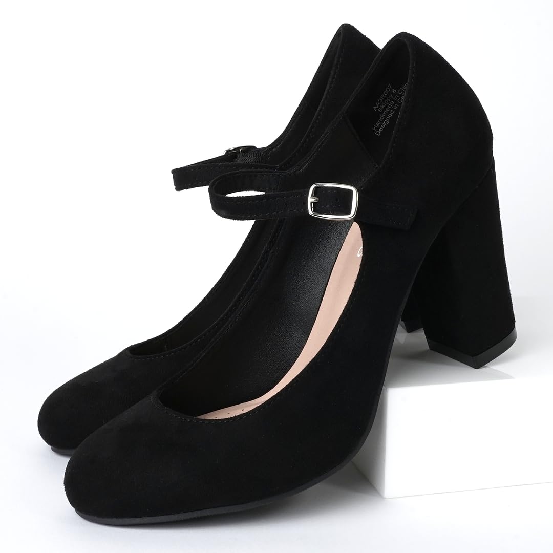 J.Adams Women's Round Toe Chunky High Heel Mary Jane Pumps - Comfortable Skippy Heels for Work, Party & Special Occasions
