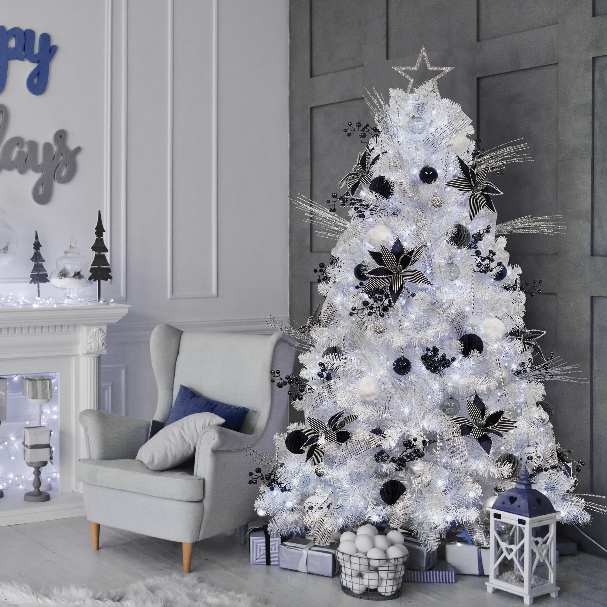 6ft Pre-Lit Christmas Tree with Remote & Timer - White Artificial Xmas Tree with Ornaments & USB LED Lights - Perfect for Home, Office & Holiday Decorations