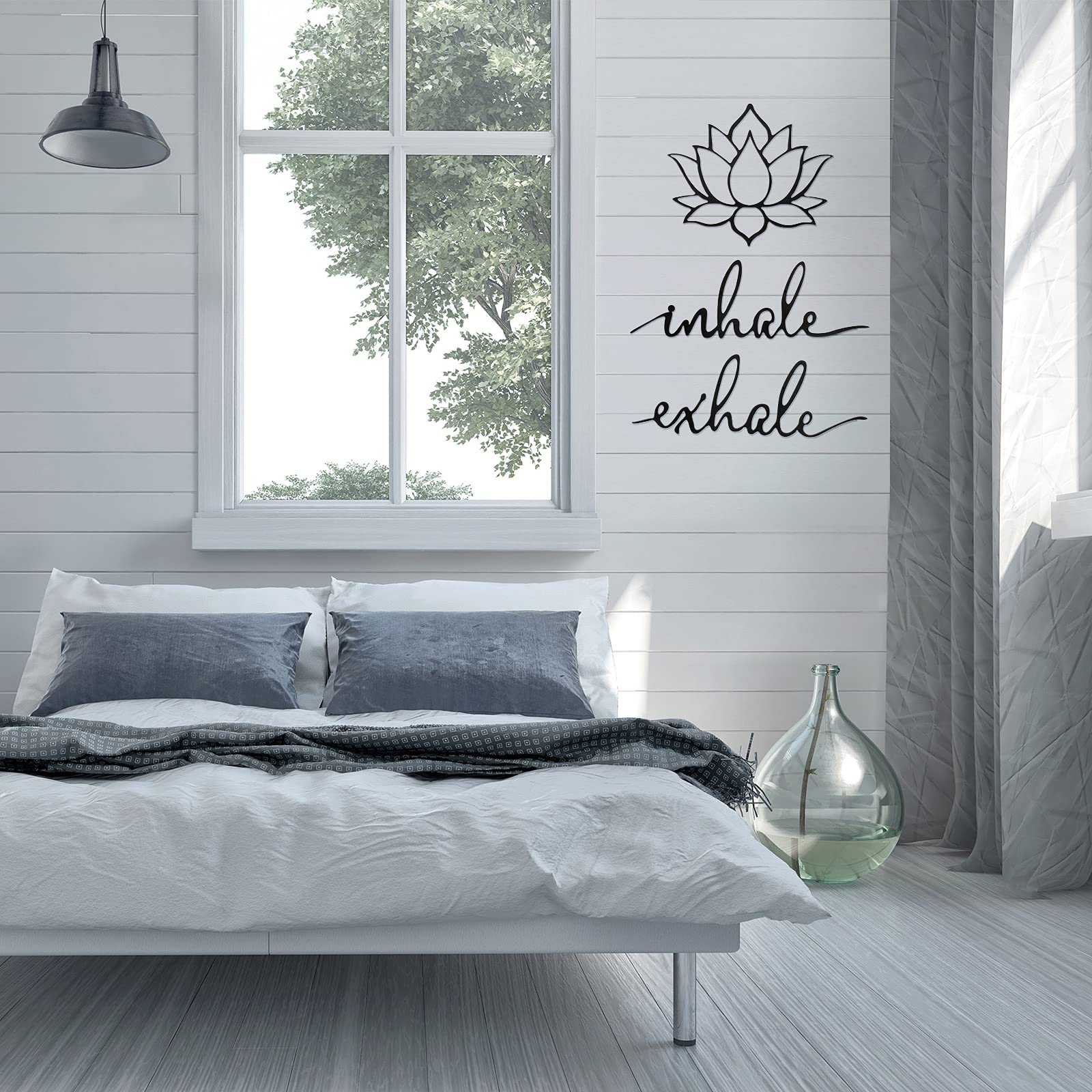 Inhale Exhale Wall Art - Yoga & Meditation Decor with Lotus Flower Design - Black Metal Spiritual Sign for Home, Living Room, Bedroom - Perfect for Yoga Studios, Meditation Spaces & Mindful Home Decor