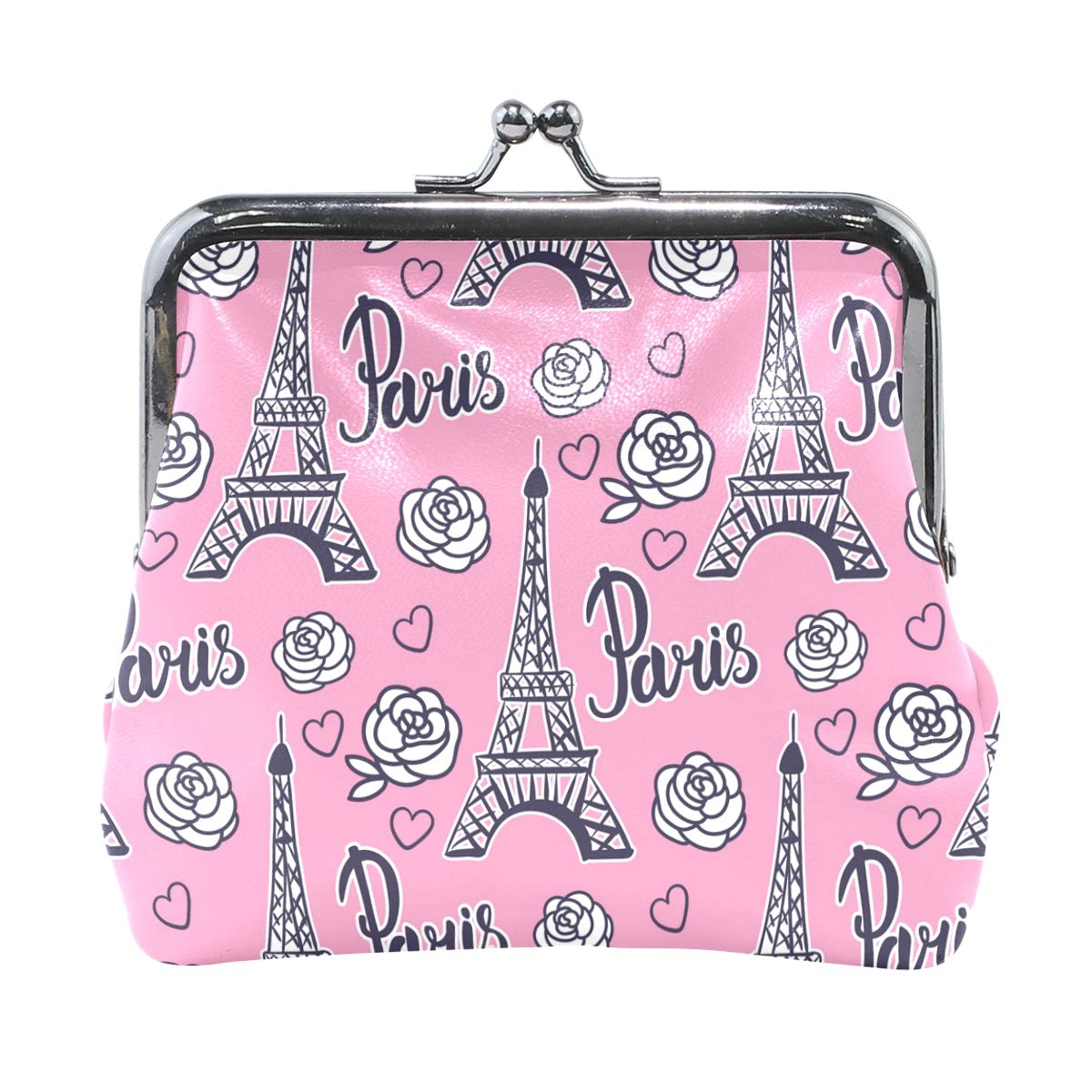 Paris Eiffel Tower Pink Leather Coin Purse - Women's Clasp Wallet with Kiss-lock Closure for Cash, Cards & Change | Perfect Gift for Travelers & Paris Lovers | Use for Shopping, Travel & Daily Essentials