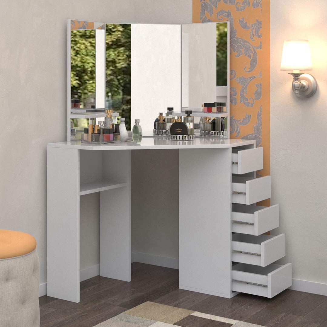 Victoria White Corner Makeup Vanity Table with 3 Mirrors & 5 Drawers - Elegant Dressing Table for Bedroom, Perfect for Makeup Application, Skincare Routine & Jewelry Organization