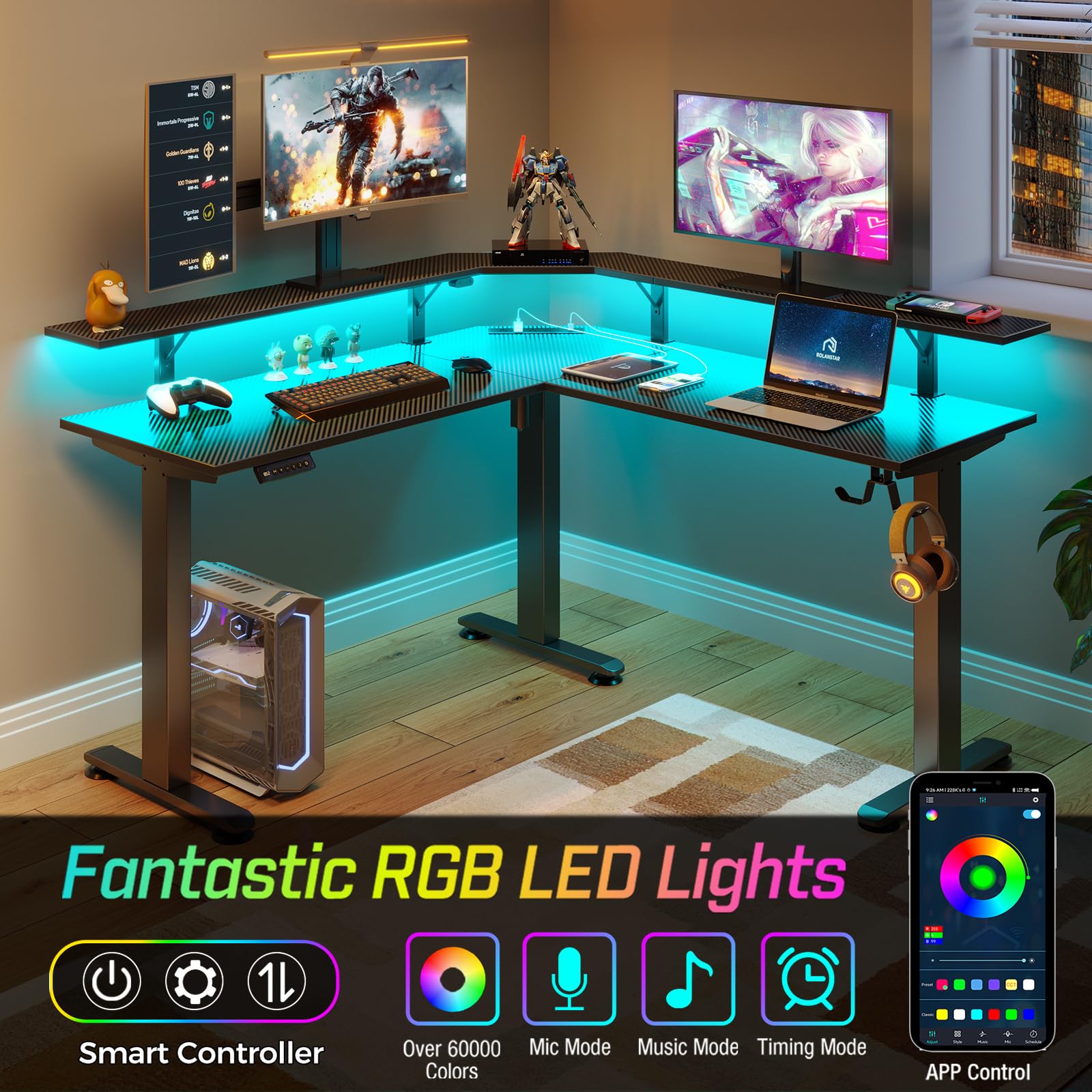 Rolanstar L-Shaped Electric Standing Desk with LED Light & Power Outlet, Height Adjustable Carbon Fiber Workstation with Monitor Stand - Perfect for Home Office, Gaming Setup & Workspace Ergonomics