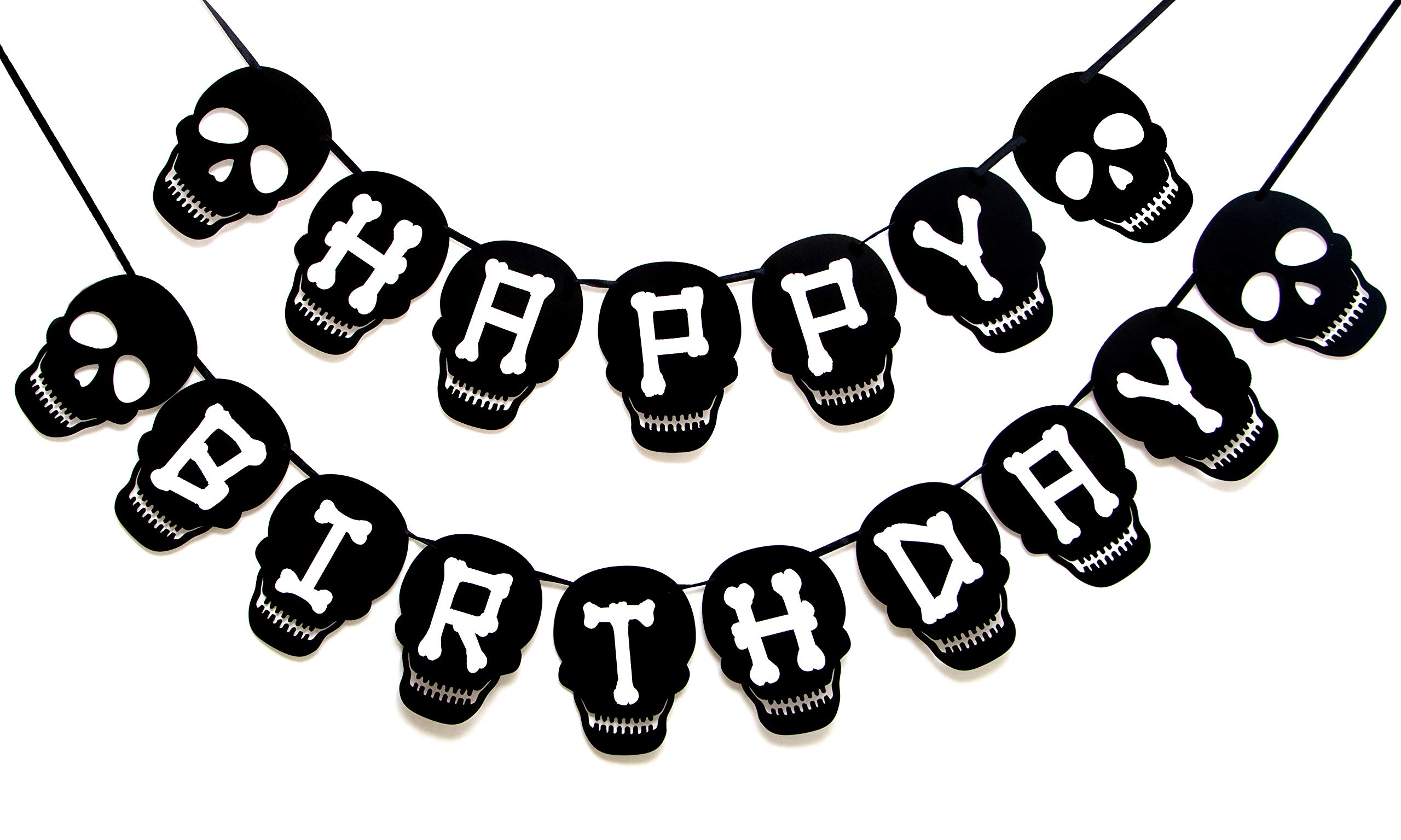 Happy Birthday Banner with Black Skull Design - Party Decorations for Halloween, Gothic & Themed Birthday Celebrations