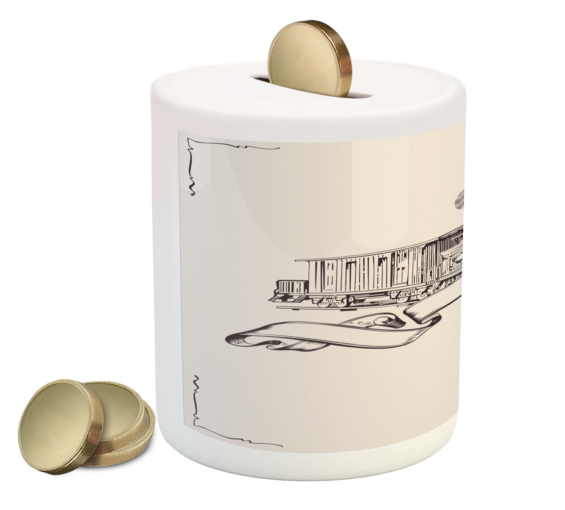 Vintage Ceramic Piggy Bank - Retro Steam Locomotive Design with Banner, Off-White Background Monochrome Coin Bank for Cash Saving (3.6