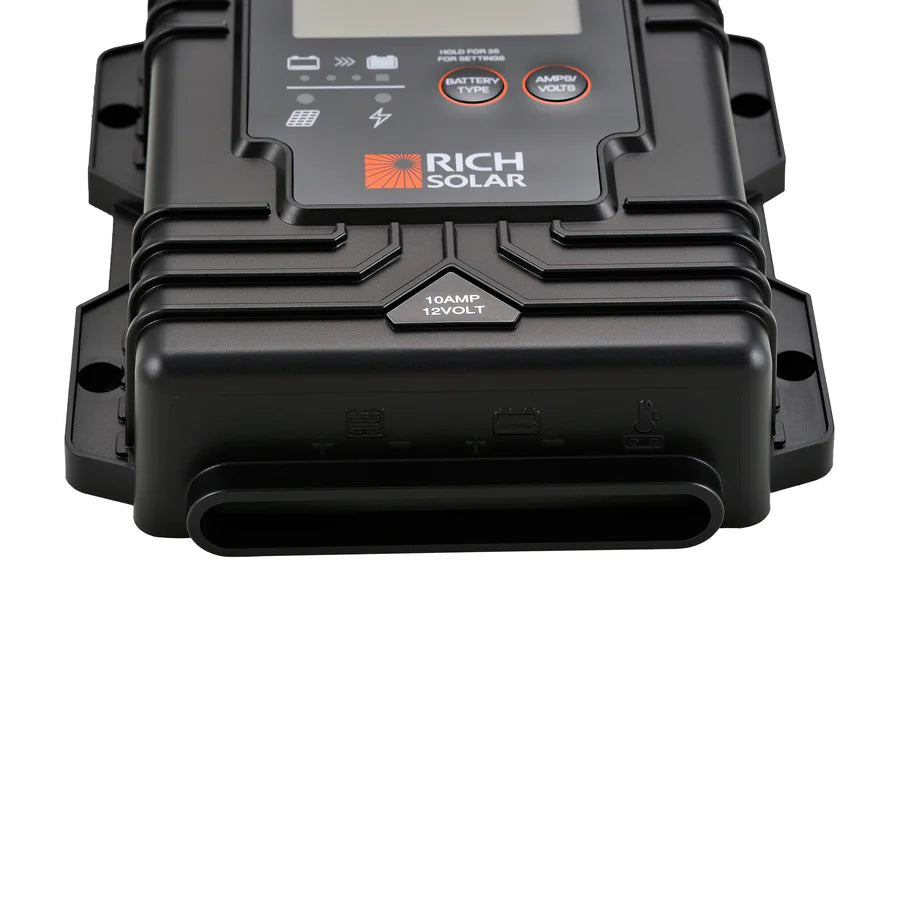 Rich Solar 10 Amp PWM Waterproof Solar Charge Controller - 12V/24V Auto, LCD Display for RV, Boat, Off-Grid Solar Panel System - Perfect for Camping, Marine & Home Solar Power
