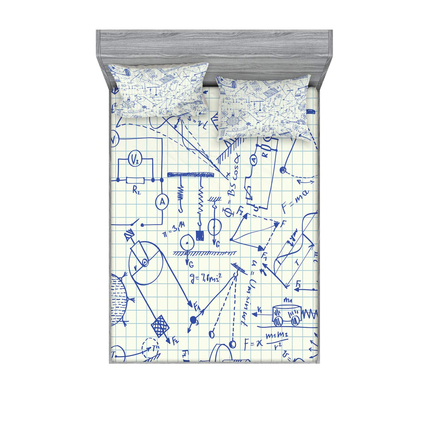 Ambesonne Physics Themed King Size Fitted Sheet & Pillow Sham Set - Technical Formulas & Drawings on Notebook Pattern, Ivory Indigo 2-Piece Bedding Set for Science Lovers' Bedroom Decor