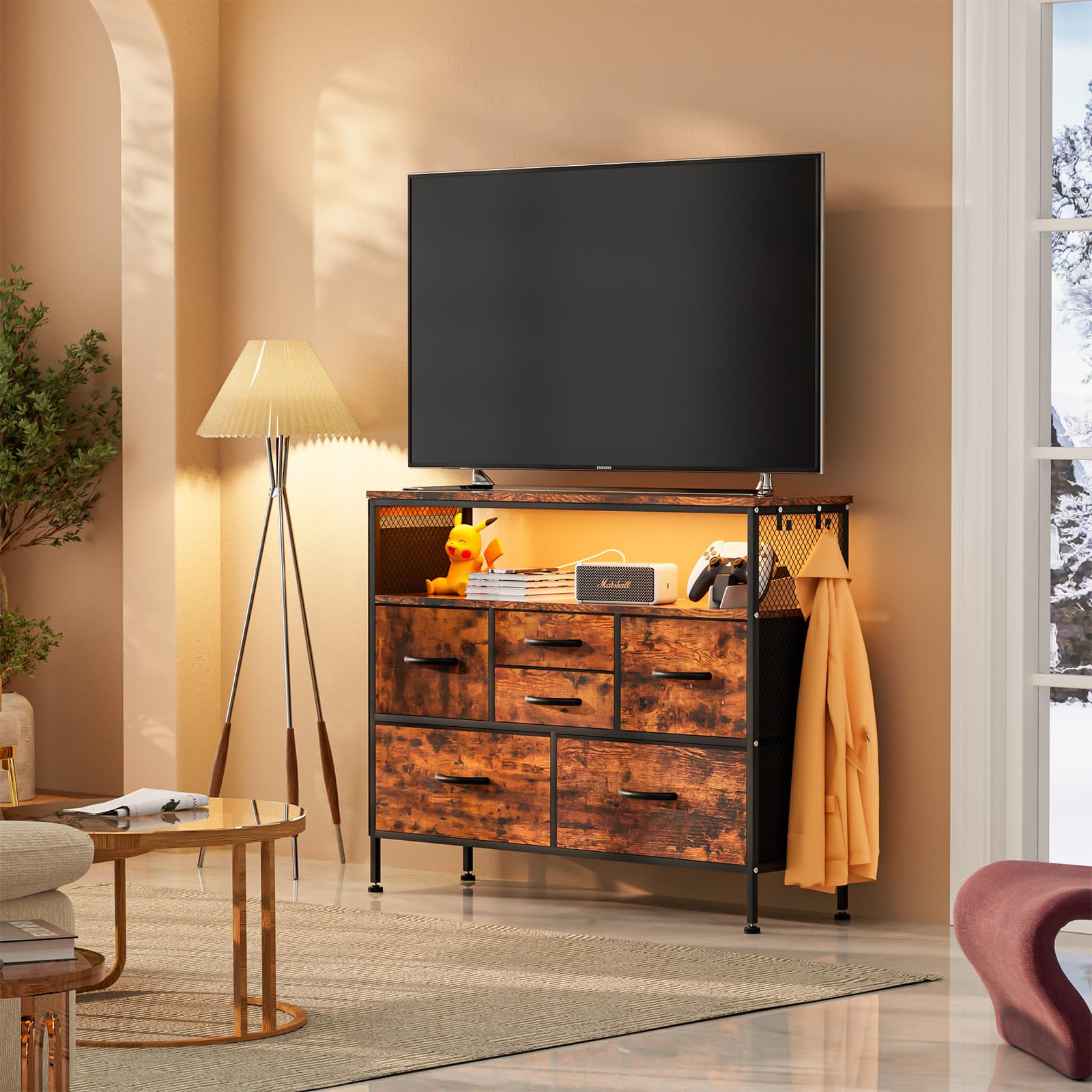 Modern 6-Drawer Dresser with Power Outlets & LED Lights - Rustic Brown TV Stand for Bedroom, Wide Storage Cabinet with Shelves, Side Pockets & Hooks - Holds 45