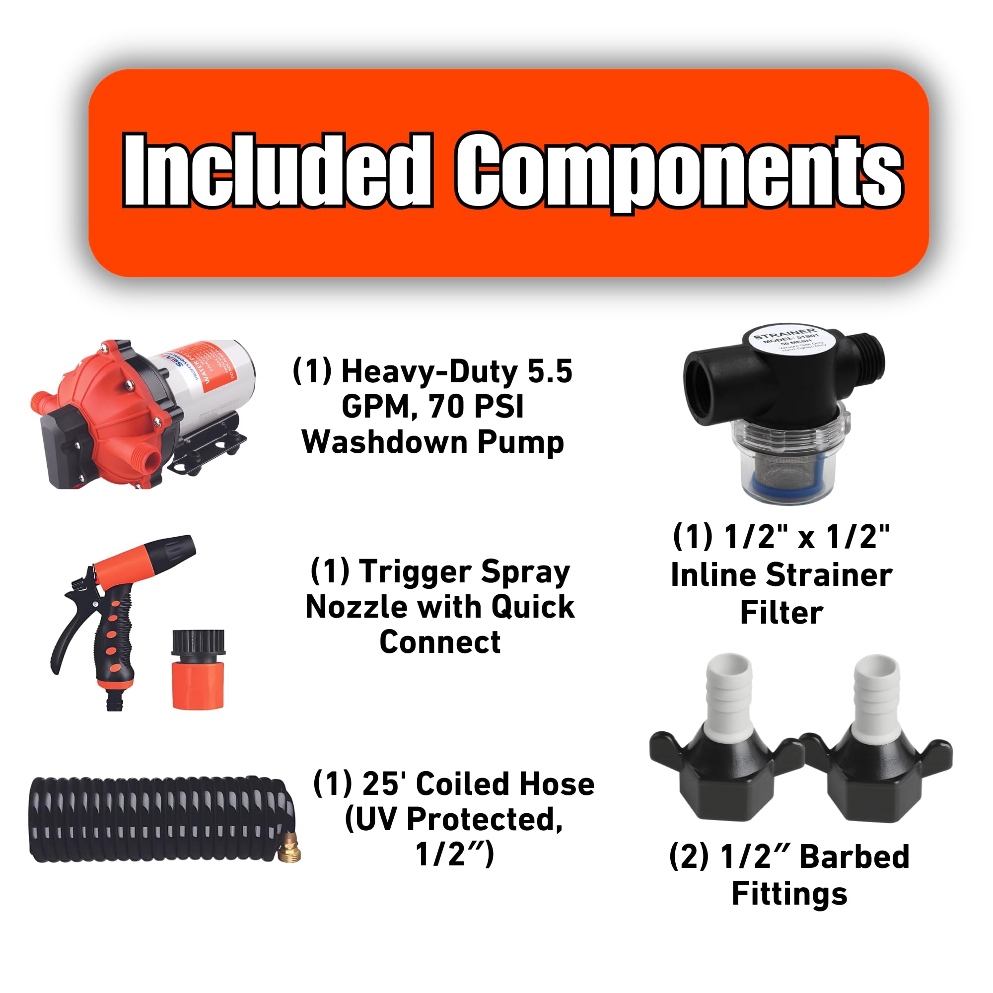 SEAFLO 55-Series 12V DC Washdown Pump Kit - 5.5 GPM, 60 PSI, Self-Priming Marine Water Pump with Adjustable Pressure Switch & Coiled Hose - High Flow Pressure Washer for RV, Boat, Off-Grid, and Outdoor Cleaning Applications