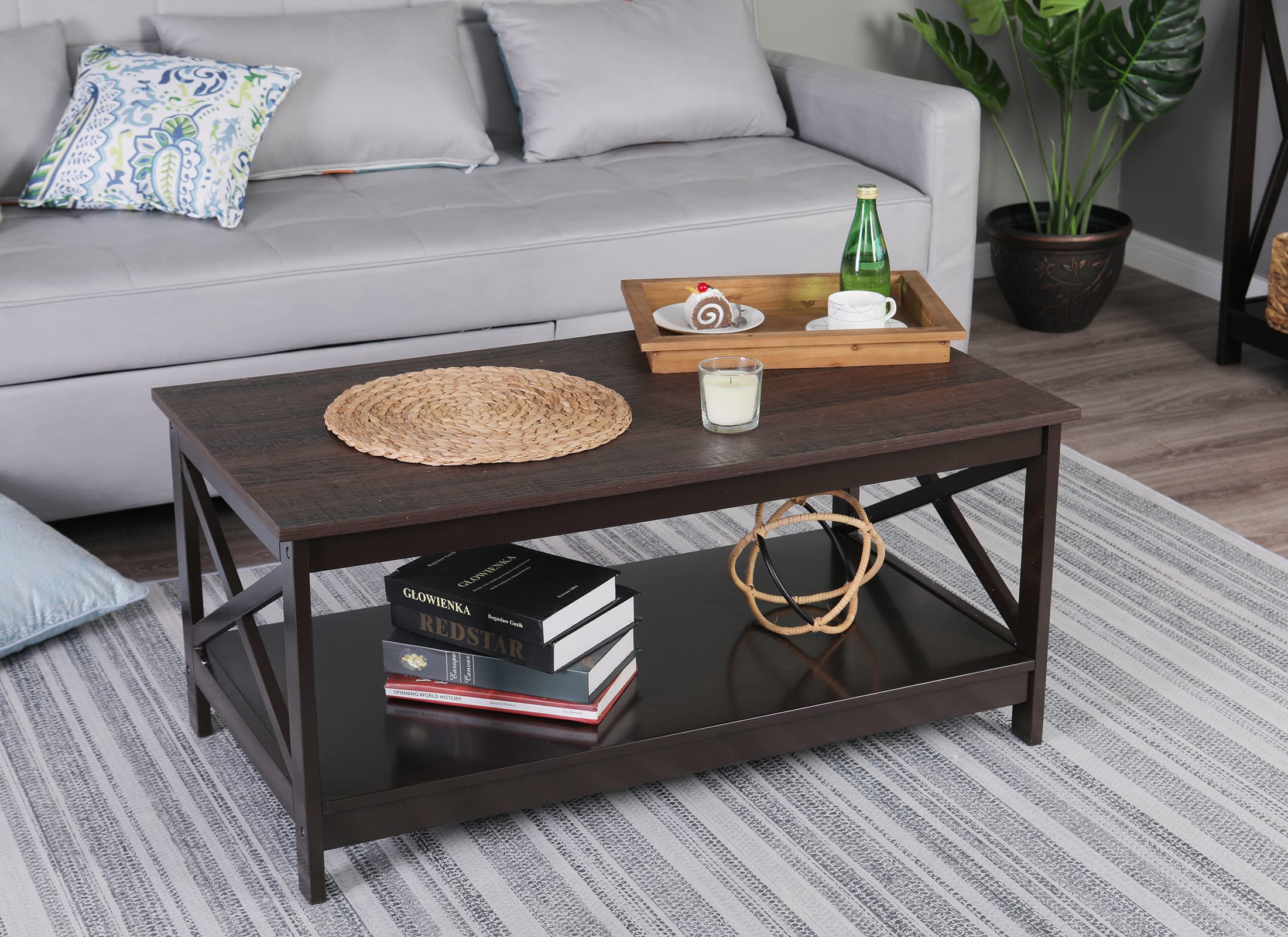 Modern Coffee Table with Storage Shelf - Rustic Farmhouse Living Room Accent Table, Mid Century Wood Look Furniture, Easy Assembly, Dark Brown - Perfect for Small Spaces, Apartments & Cozy Home Decor