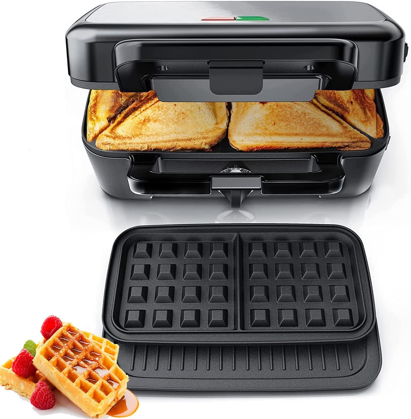 FOHERE 3-in-1 Waffle Maker & Sandwich Press | 1200W Panini Grill with Removable Non-Stick Plates, 5-Temperature Settings, Indicator Lights (Silver/Black) | Perfect for Breakfast, Brunch & Quick Snacks at Home