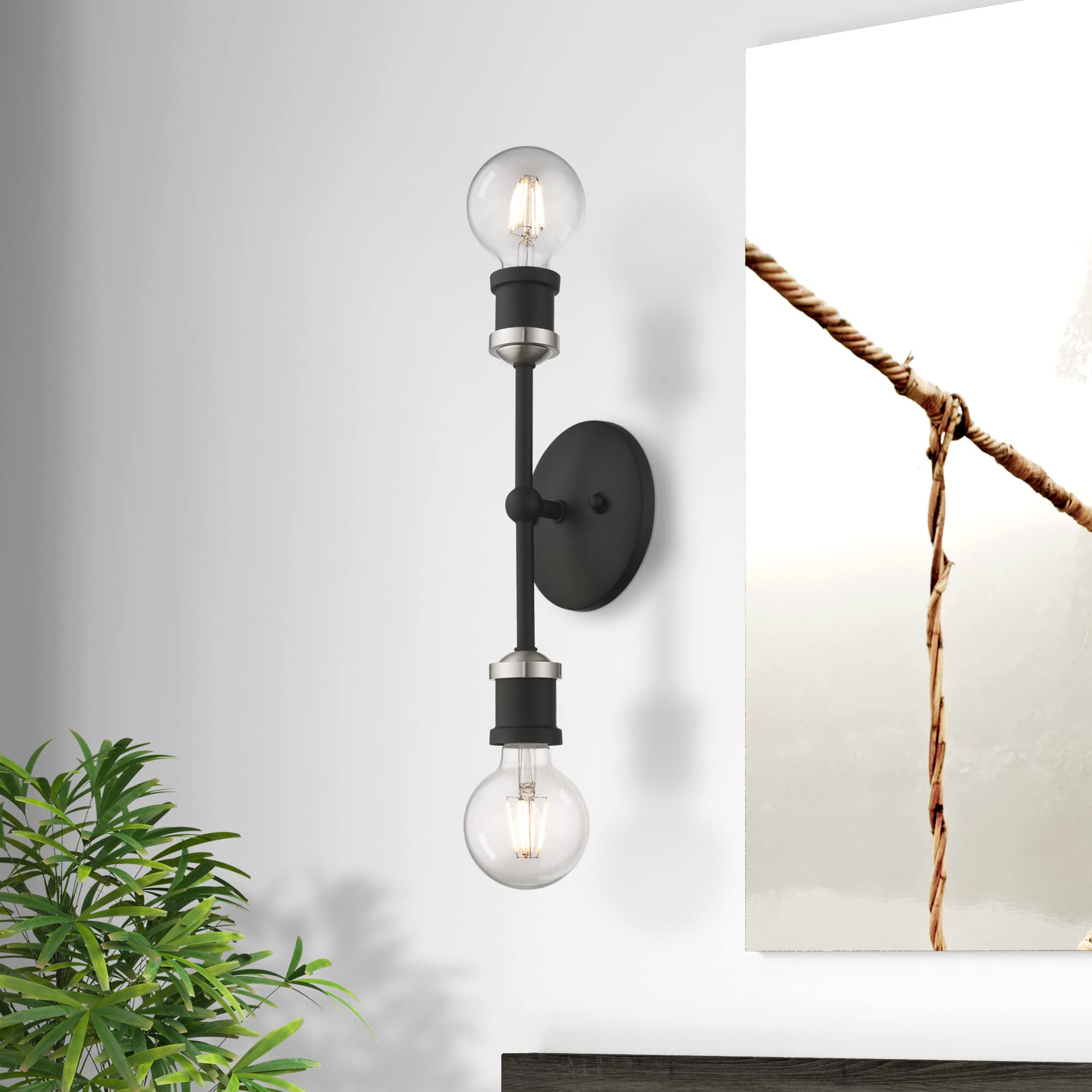 Livex Lighting 14422-04 Lansdale 2 Light ADA Bathroom Vanity Sconce - Black with Brushed Nickel Accents, Wall Mounted Mirror Lighting for Modern & Traditional Home Decor