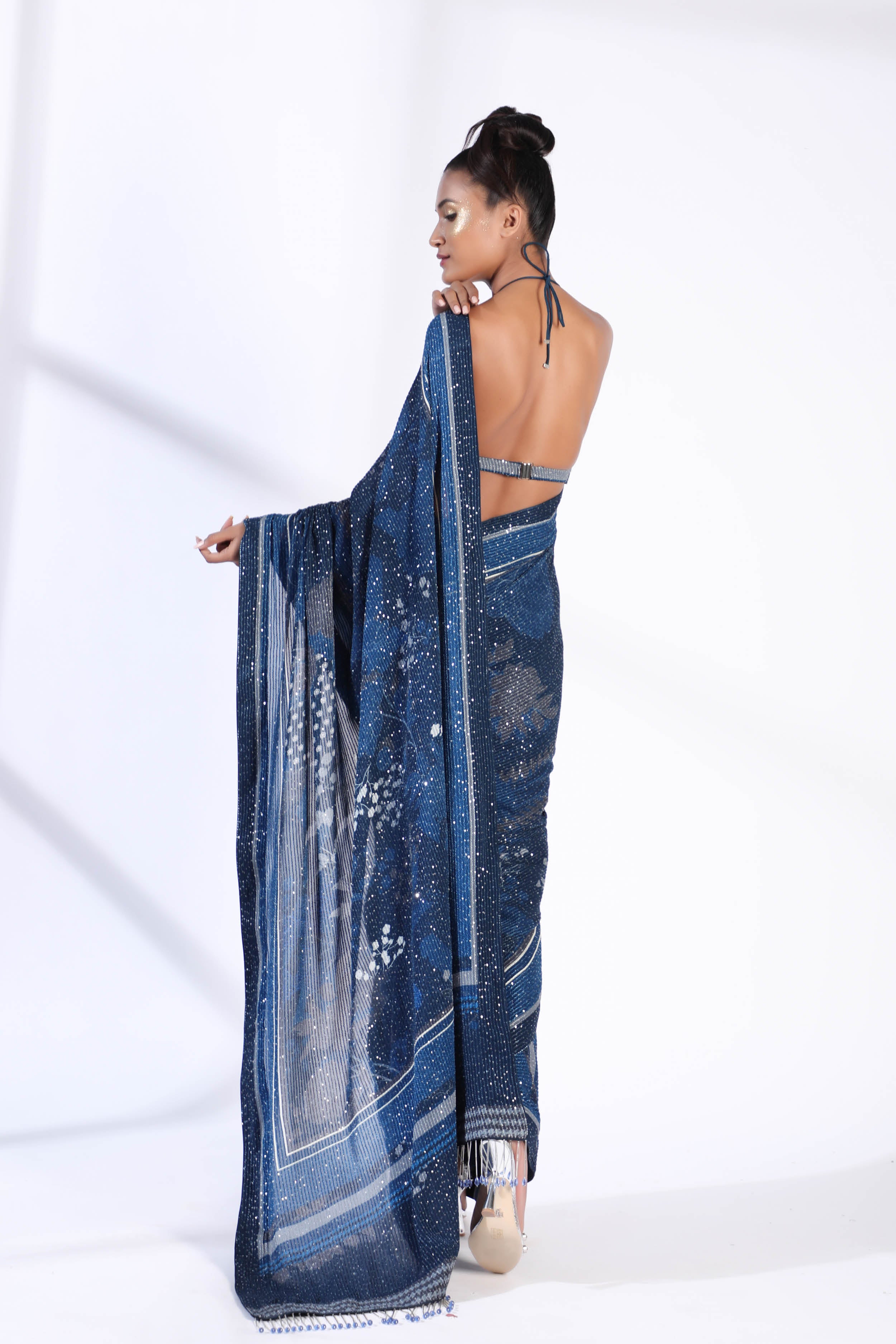 Indigo Blue Floral Two Piece Pre-Pleated Saree with Sheer Georgette Blouse - Elegant Indian Ethnic Wear for Weddings & Festive Occasions