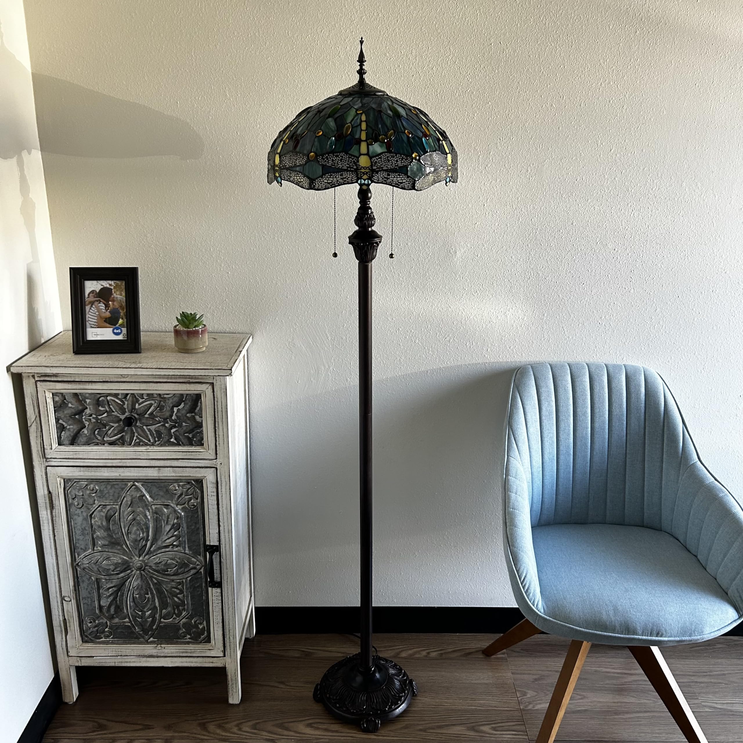 Tiffany Style Dragonfly Stained Glass Floor Lamp with Metal Base - Green & Blue Art Nouveau Design, Includes LED Bulbs (16