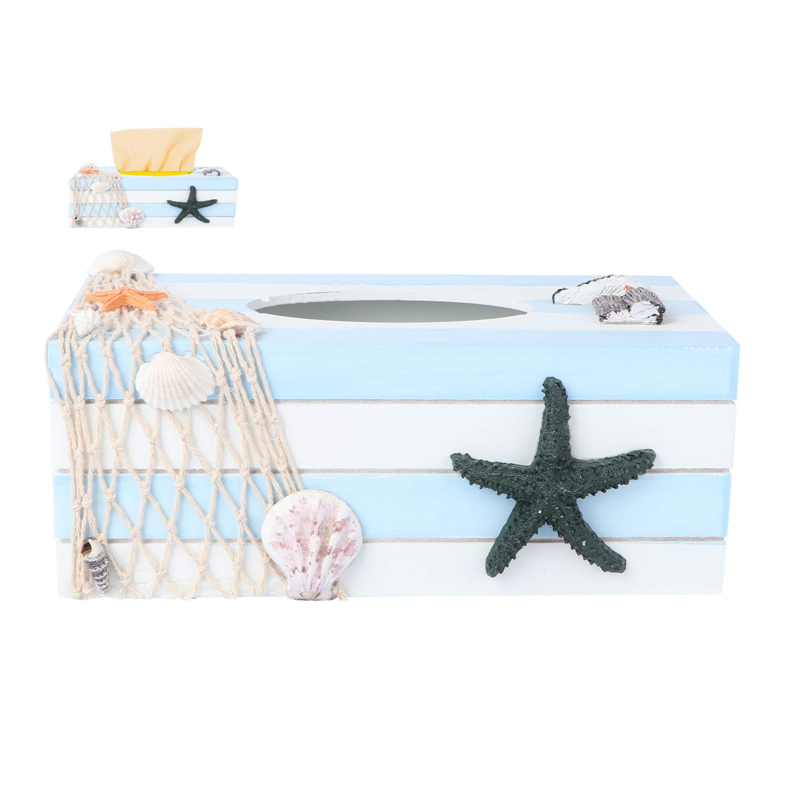 Mediterranean Wooden Tissue Box Cover - Coastal Beach Nautical Decor for Bathroom, Living Room & Bedroom - 9.45