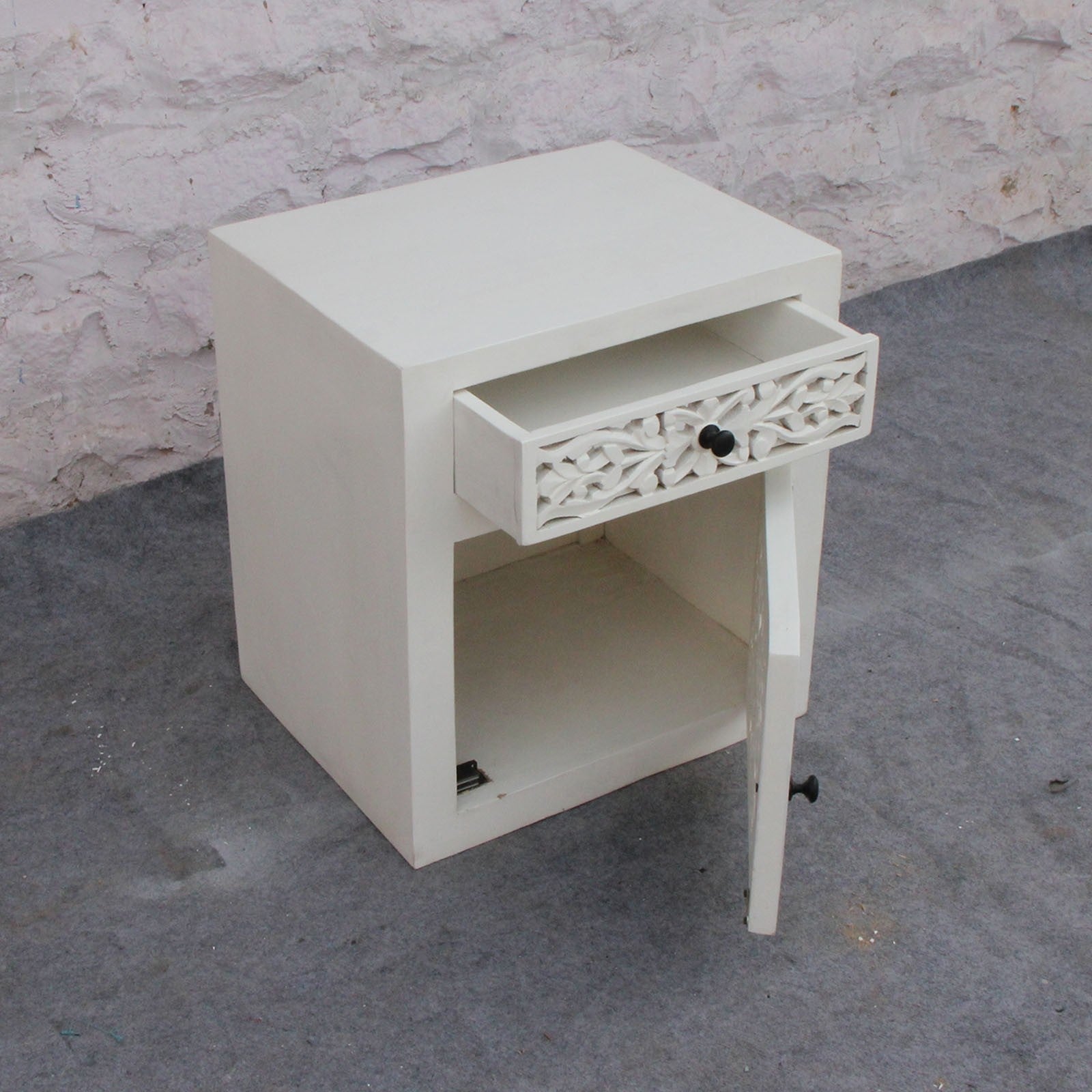DYNASTY Hand Carved Jali Pair of Bedside Tables 50x40x55cm - Exquisite Indian Wooden Nightstands for Bedroom Decor, Living Room Accent Furniture