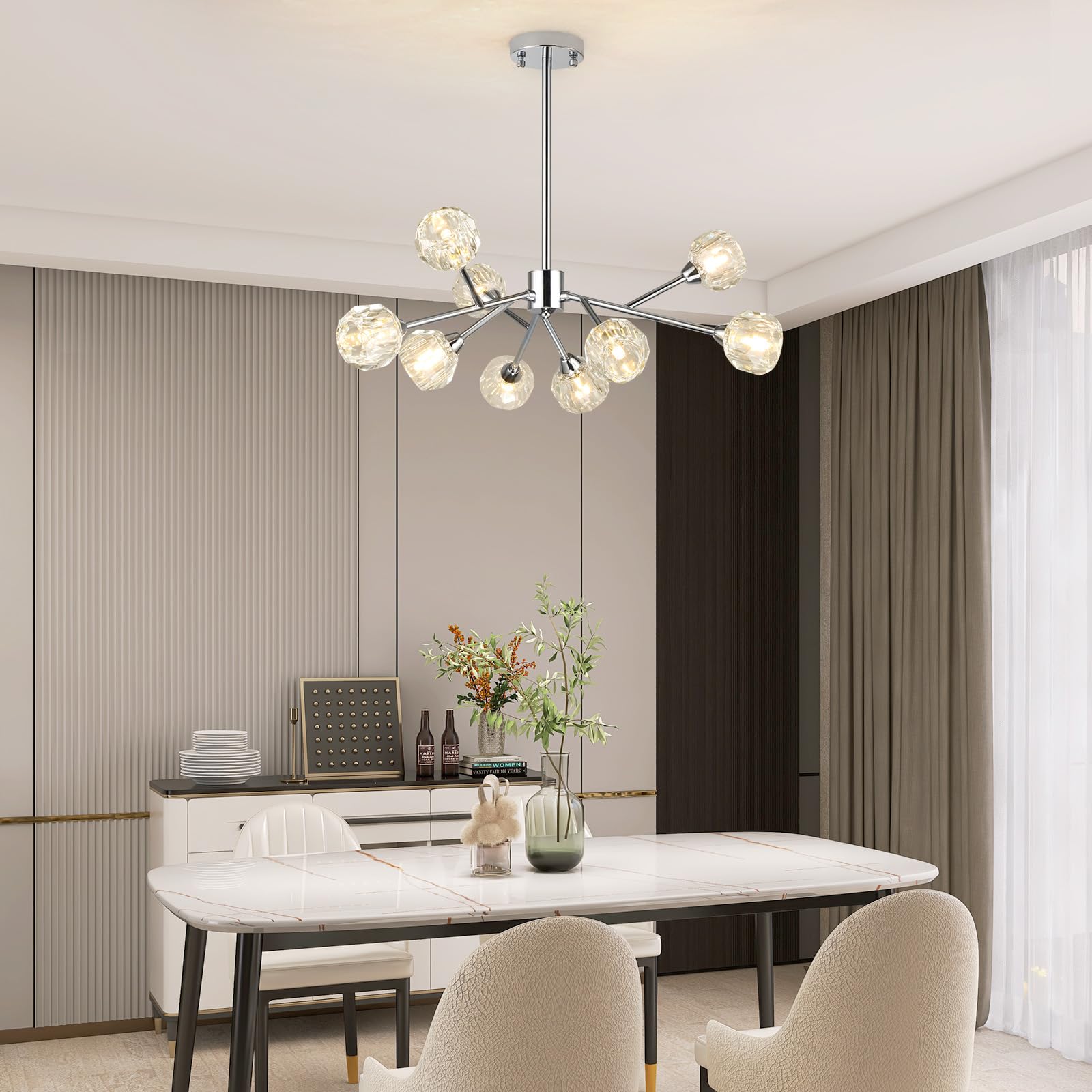 Modern Crystal Sputnik Chandelier - 9-Light Chrome Dining Room Light Fixture for Kitchen Island, Living Room & Bedroom | Elegant Lighting for Home Decor, Dinner Parties & Interior Design