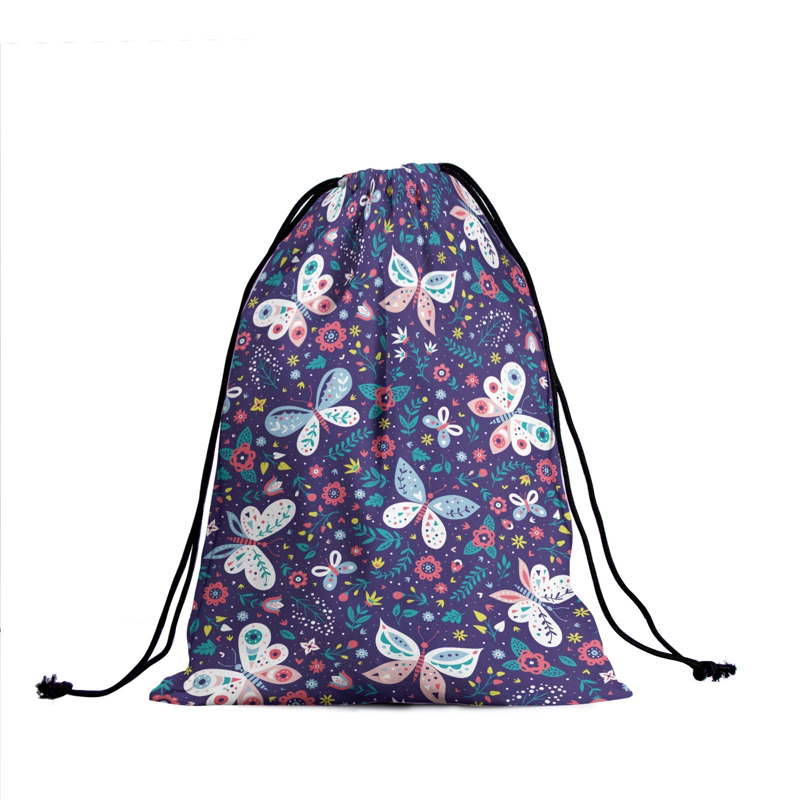 Floral Butterfly Drawstring Storage Bags - Purple Flower Leaf Grip Polyester Pouch for Shoes, Gym Towels & Travel Essentials | Christmas Gift, Nature-Themed Organizer for Home & Outdoor Use
