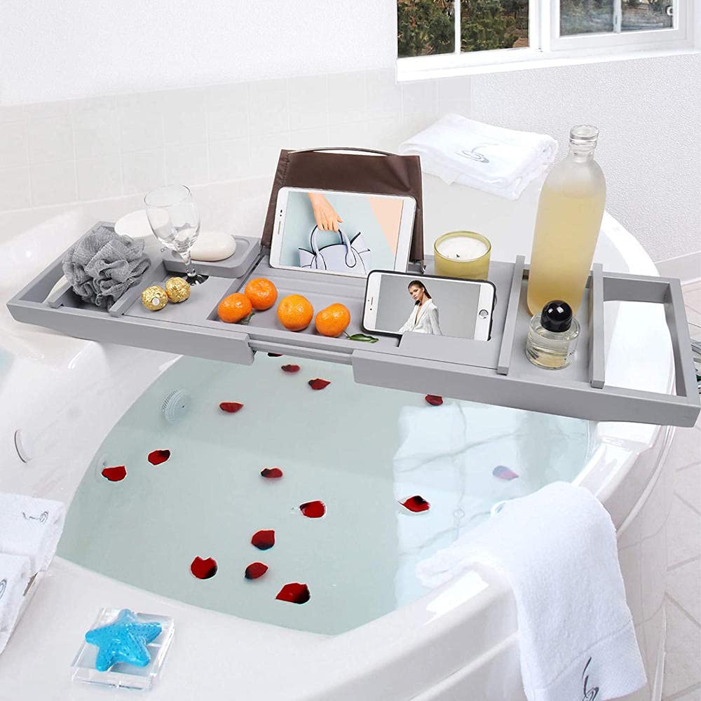 Expandable Bathtub Tray with Wine Glass Holder & Book Stand - Adjustable Drain Bath Caddy Tray, Bathtub Storage Organizer - Perfect Relaxation Gift for Spa, Bath Time & Self Care (Gray)