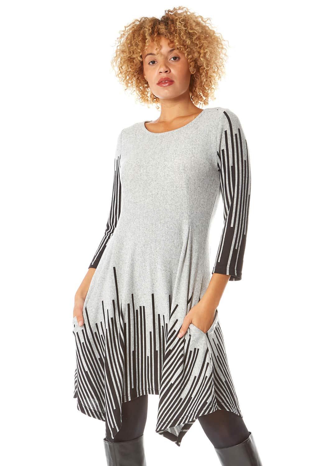 Roman Originals Women's Border Stripe Print Hanky Hem Swing Dress - Flowy Summer Dress for Casual Outings, Beach Cover-Up & Vacation Wear