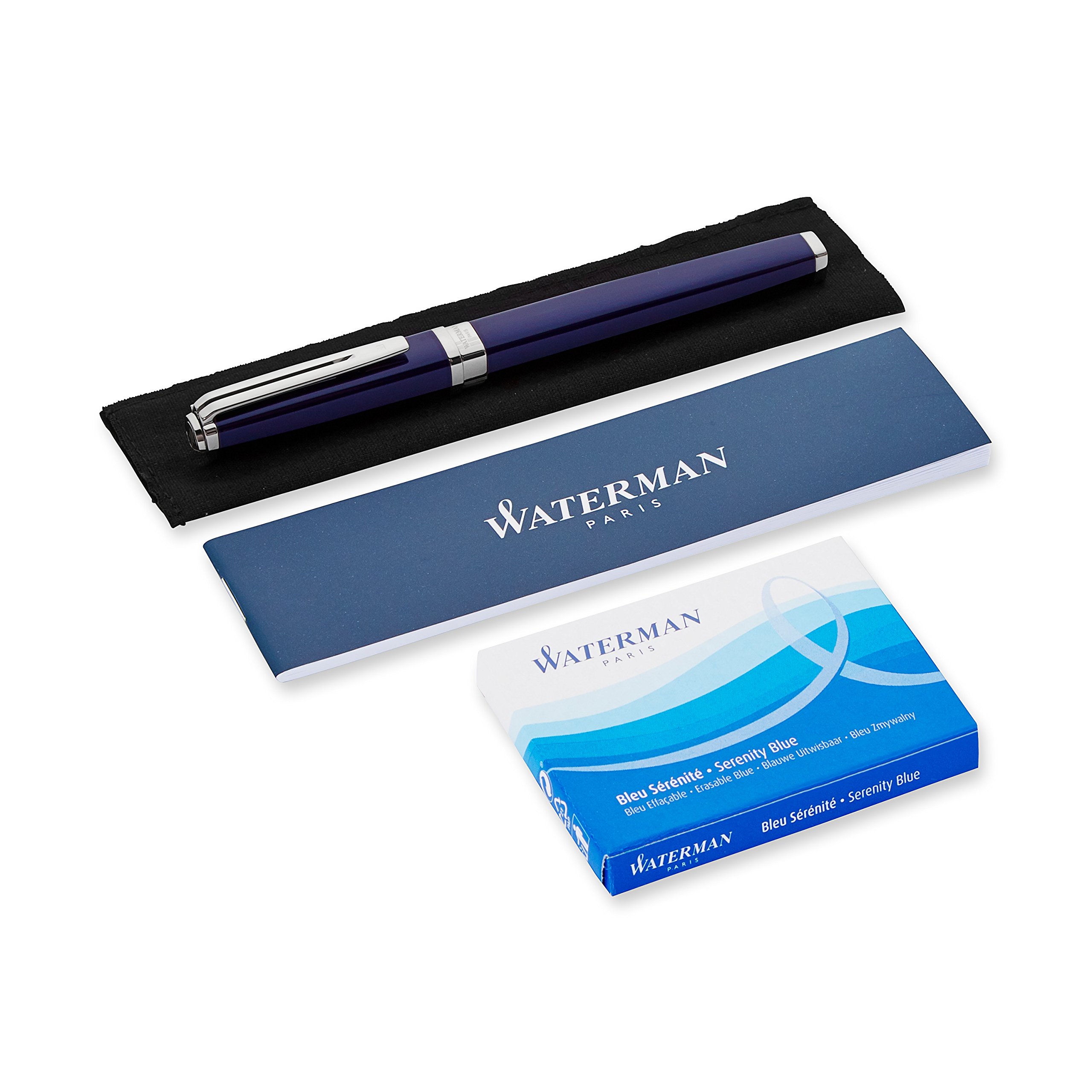 Waterman Exception Fountain Pen - Slim Blue with Silver Plated Clip, Fine Nib & Blue Ink Cartridge - Luxury Writing Gift Box for Professionals & Collectors - Perfect for Office, Signatures & Special Occasions