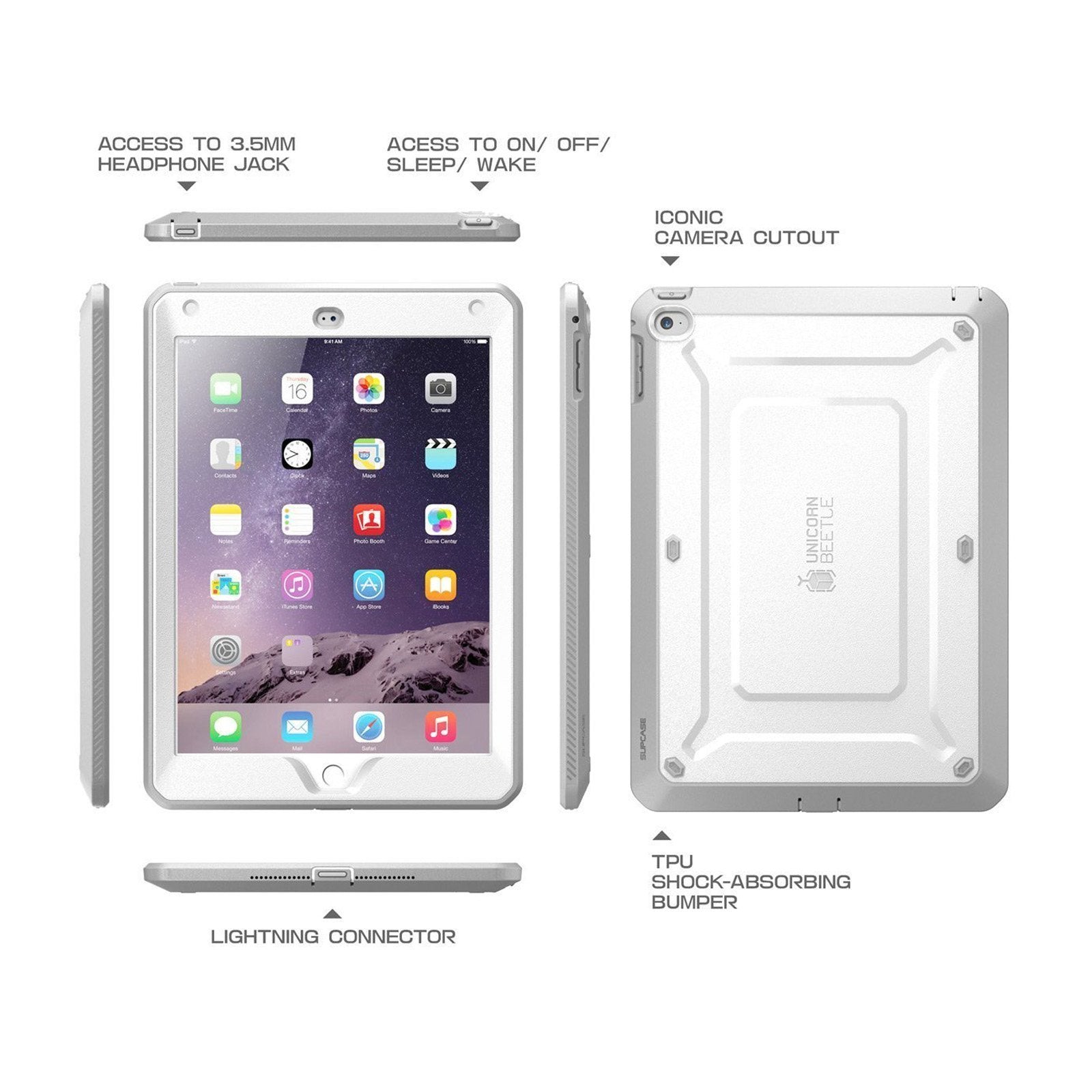 iPad Air 2 Unicorn Beetle Pro Full Body Protective Case - Shockproof & Scratch Resistant Cover with Screen Protector - Perfect for Work, Travel & Outdoor Activities (White)