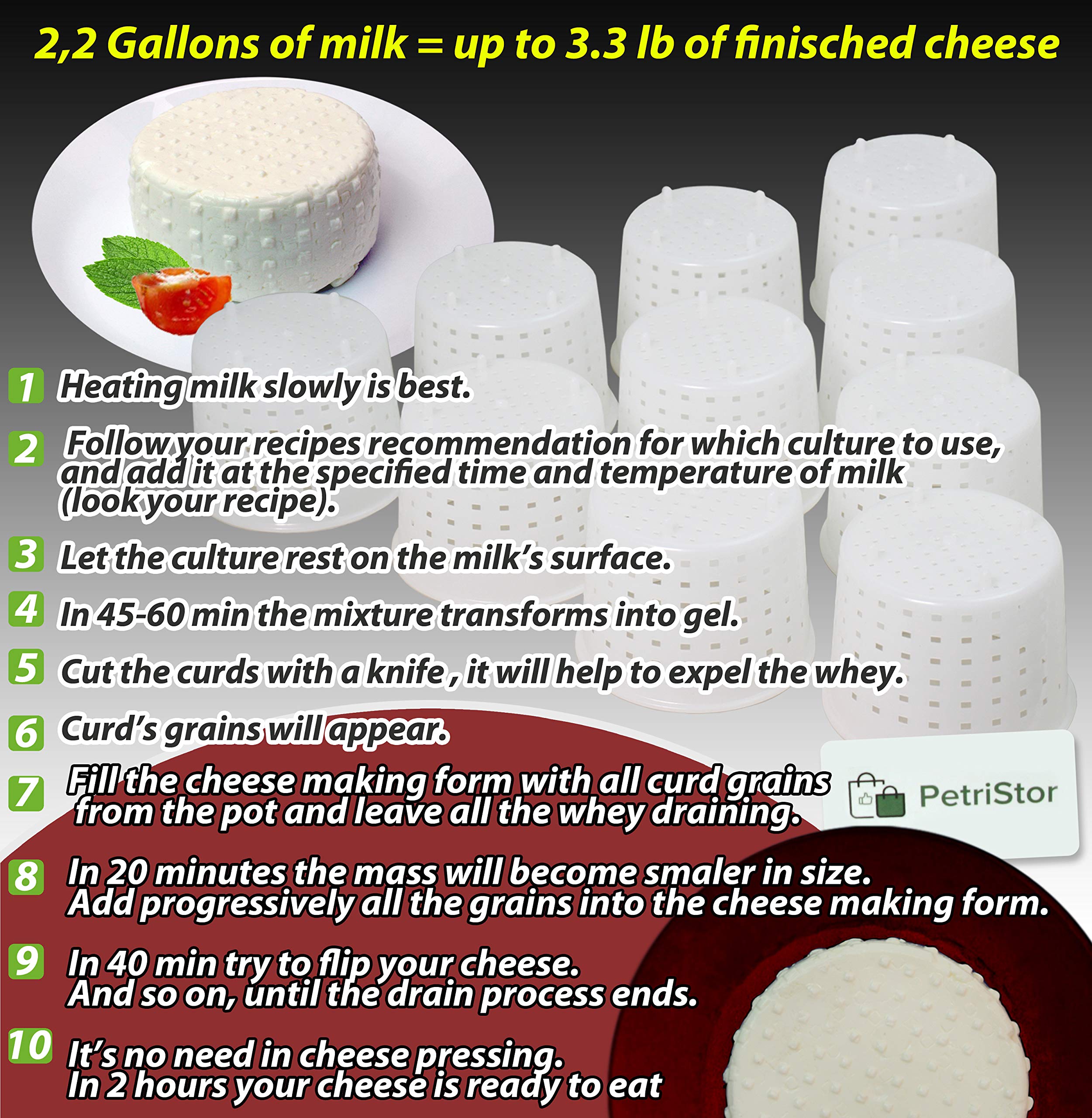 PetriStor 10-Piece Small Cheese Mold Set for Homemade Cheese Making - 1/3 qt Soft Cheese Molds for Cream Cheese, Feta & Queso Fresco - Perfect for DIY Cheese Kits, Artisan Cheesemaking & Home Kitchen Use