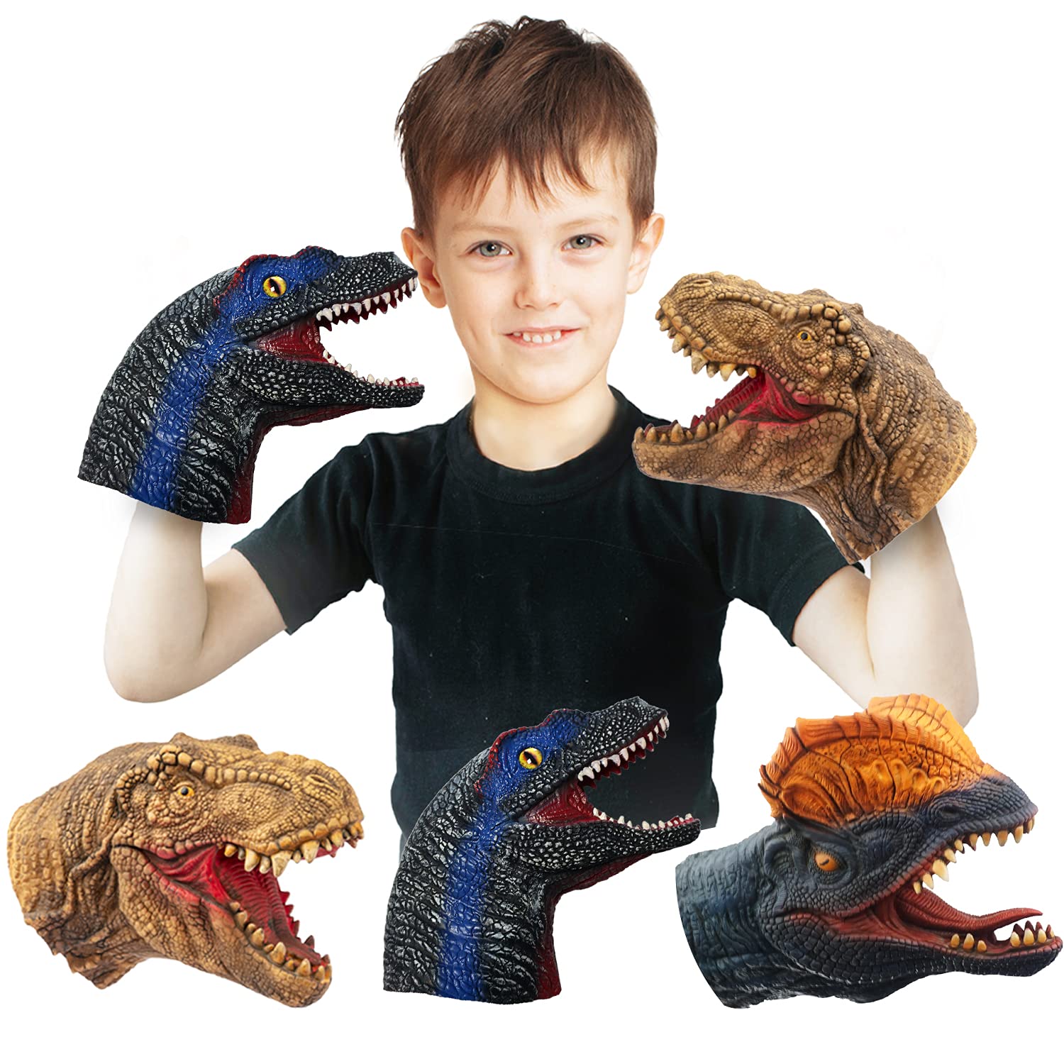 Realistic Latex Dinosaur Hand Puppets Set - Tyrannosaurus, Dilophosaurus & Velociraptors - Soft Animal Head Toys for Kids, Perfect Gift for Imaginative Play, Classroom Activities & Birthday Party Shows