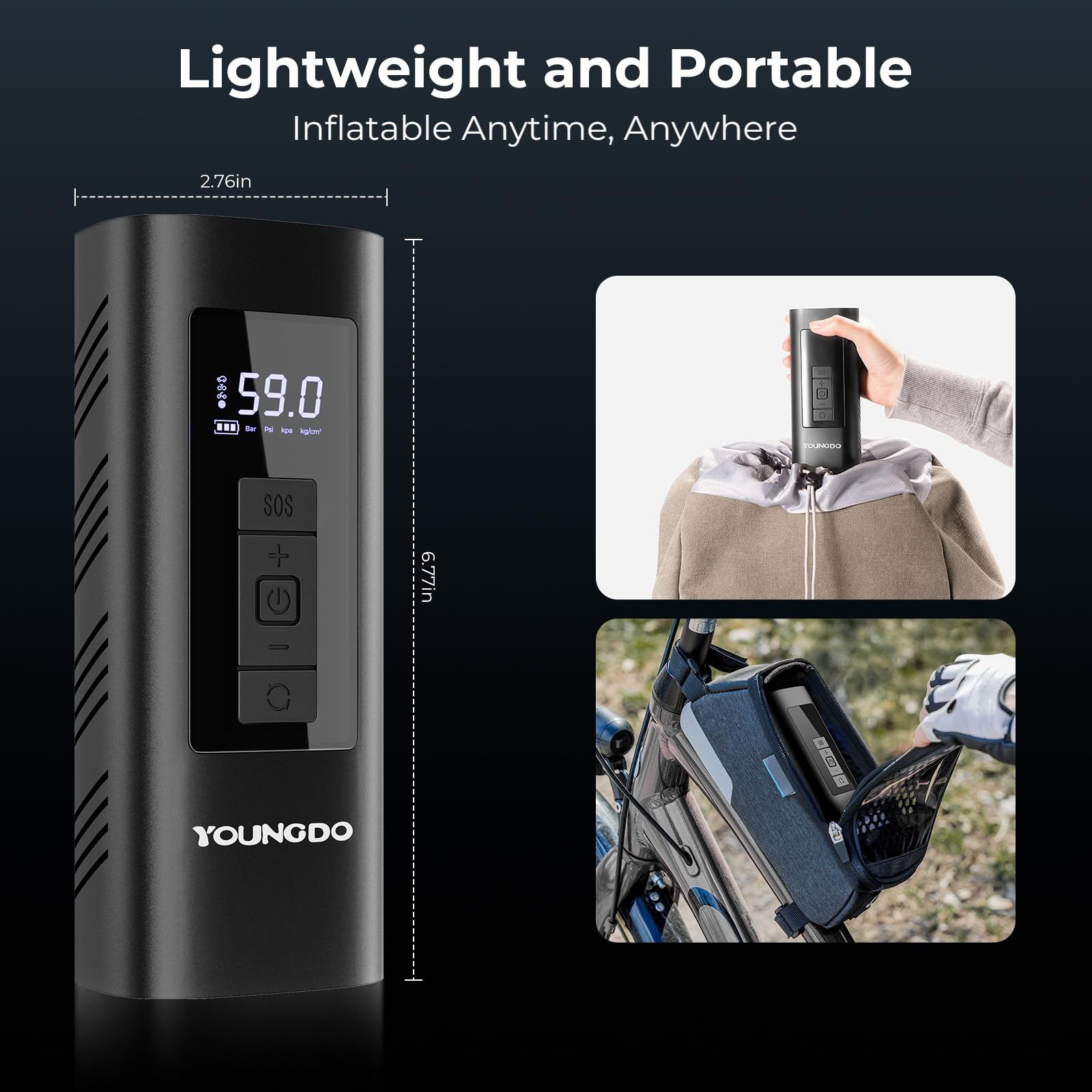 YOUNGDO 150 PSI Portable Air Compressor with Digital Pressure Gauge - 6000mAh Rechargeable Tire Inflator for Car, Motorcycle, Bike Tires & Sports Balls - USB-C Charging, Emergency Flashlight & Power Bank - Perfect for Road Trips, Camping & Home Use