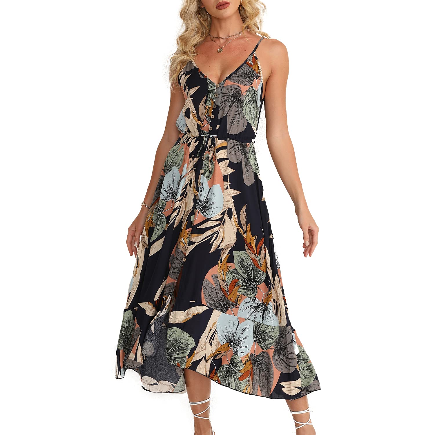 BROVAVE Women's 2025 Summer Casual Boho Sundress - Polka Dot Spaghetti Strap V-Neck Flowy Midi Dress for Beach, Vacation & Outdoor Parties | Lightweight Comfortable Dress for Women