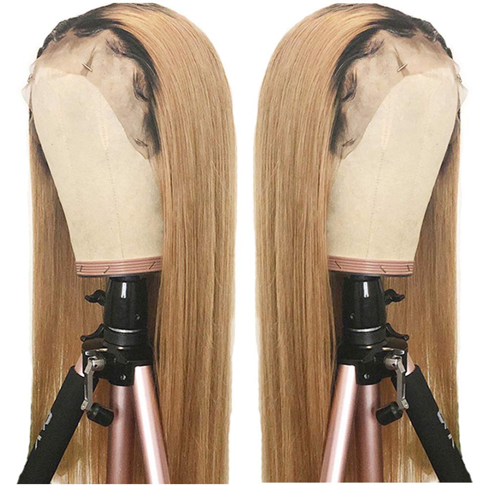 Ombre Lace Front Human Hair Wigs Blonde Strawberry 13x4 Frontal Lace Wigs - 14 Inch 150% Density Pre Plucked with Baby Hair, #613 Straight Lace Front Wig for Women with Dark Roots | Perfect for Daily Wear, Cosplay, and Special Occasions