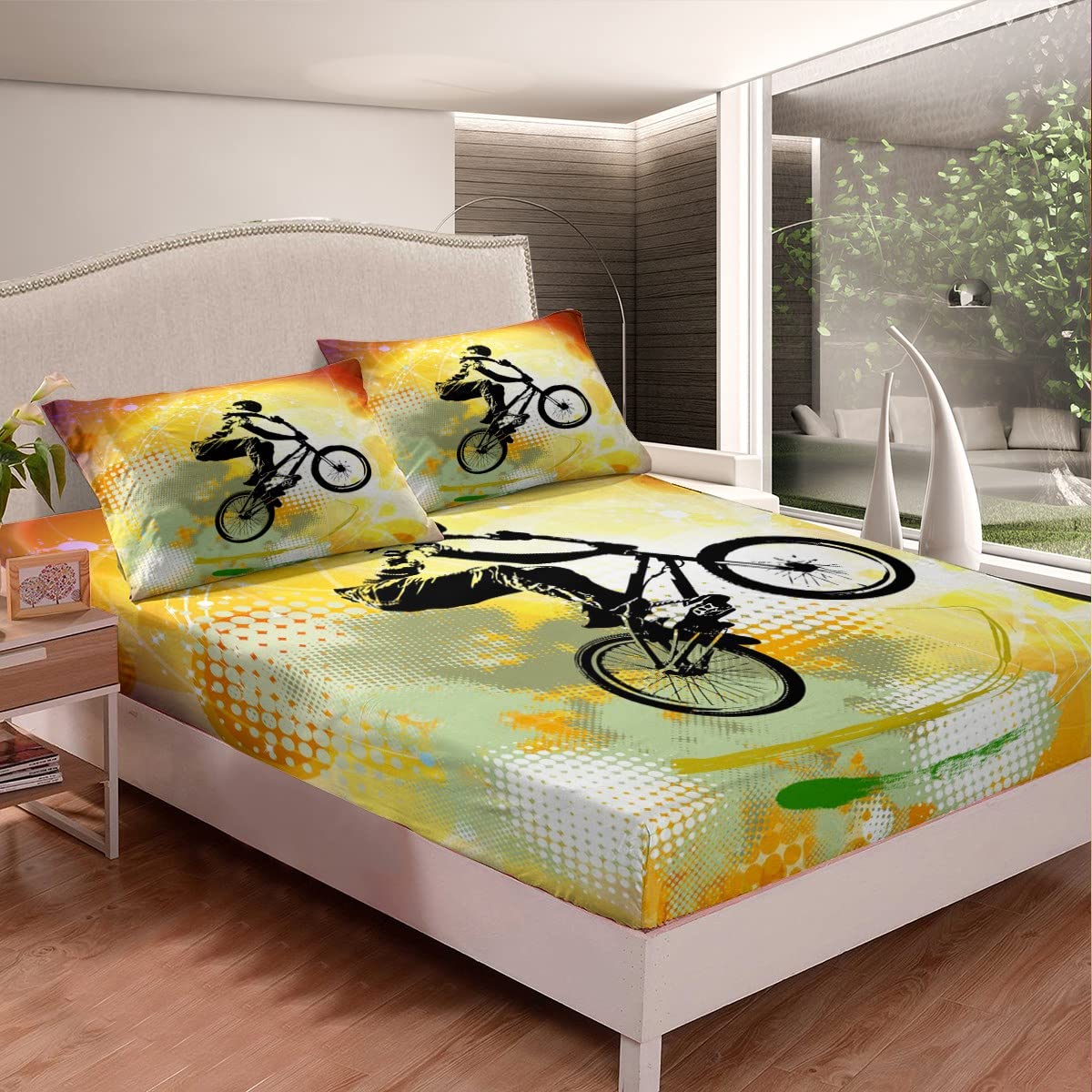 Dirt Bike Bedding Set Twin Size - Motocross & BMX Themed Fitted Sheet for Kids, Boys, Teens & Men - Gold & Green Tie Dye Design - 2 Piece Bedroom Decor - Perfect for Motocross Enthusiasts & Sports-Themed Rooms