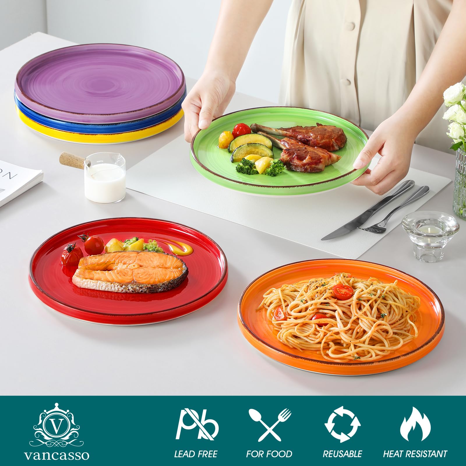 Vancasso Bonita 10.5 Inch Ceramic Dinner Plates Set of 6 - Colorful Large Dinnerware Plates for Everyday Meals, Microwave & Dishwasher Safe - Perfect for Family Dinners, Restaurants & Party Serving