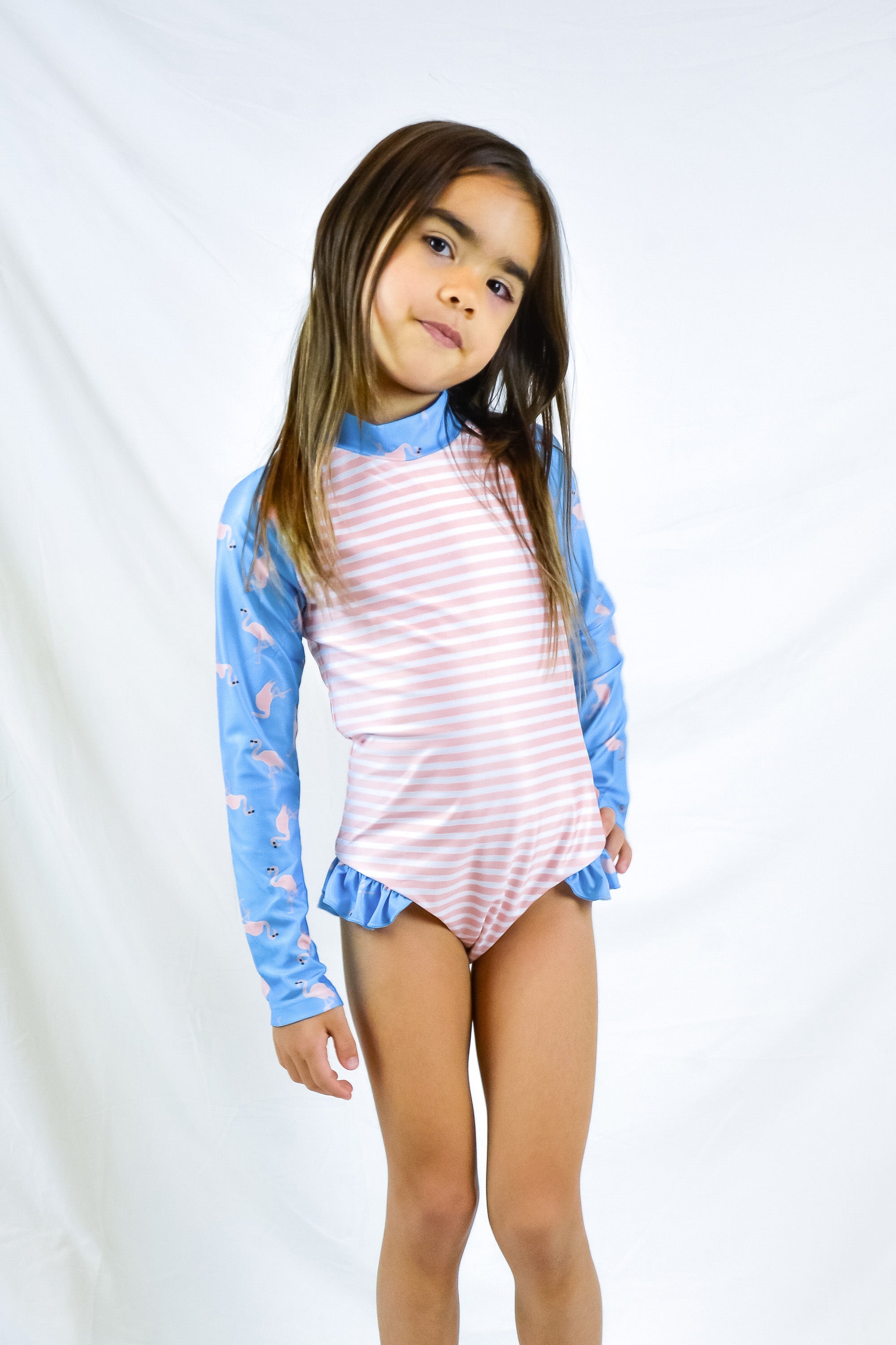 Coral Girls' Long Sleeve Swimsuit - UPF 50+ Sun Protection, Flamingo Pink Stripe Design for Beach, Pool & Summer Water Activities