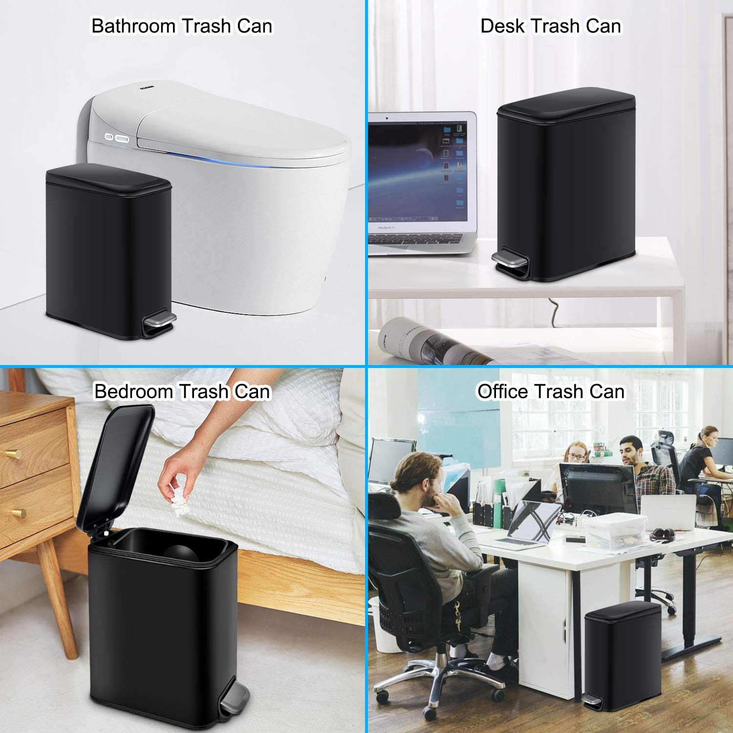 Compact 5L/1.3Gal Rectangular Bathroom Trash Can with Soft Close Lid & Foot Pedal - Slim Black Waste Bin for Bathroom, Bedroom, Office - Removable Inner Basket for Easy Cleaning - Perfect for Small Spaces & Modern Decor
