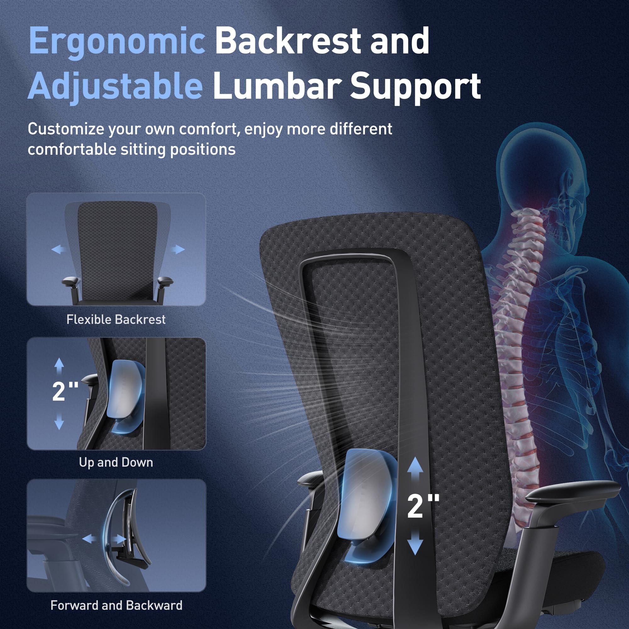 **COLAMY Ergonomic Mesh Office Chair with Lumbar Support - Adjustable Backrest & Sliding Seat - Black Grey - Perfect for Home Office, Gaming & Executive Desk Work**
