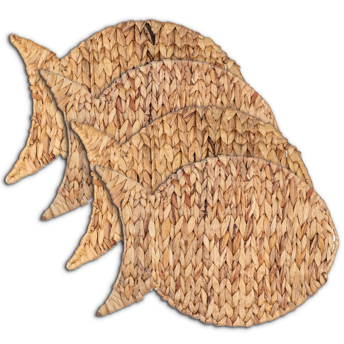 Woven Water Hyacinth Placemats Set of 4 - 12x17 Inch Nautical Fish Design Rattan Placemats for Dining Table - Natural Wicker Beach Theme Table Mats for Coastal Decor, Summer Parties & Outdoor Entertaining