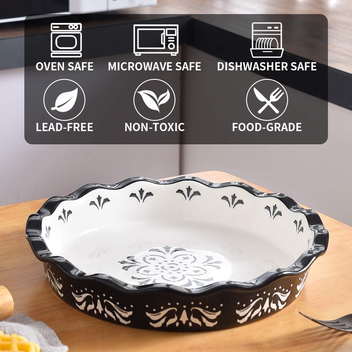 9 Inch Stoneware Pie Plate Set of 2 - Deep Dish Nonstick Baking Pans for Pies, Quiches & Casseroles - Oven & Microwave Safe Black Ceramic Bakeware