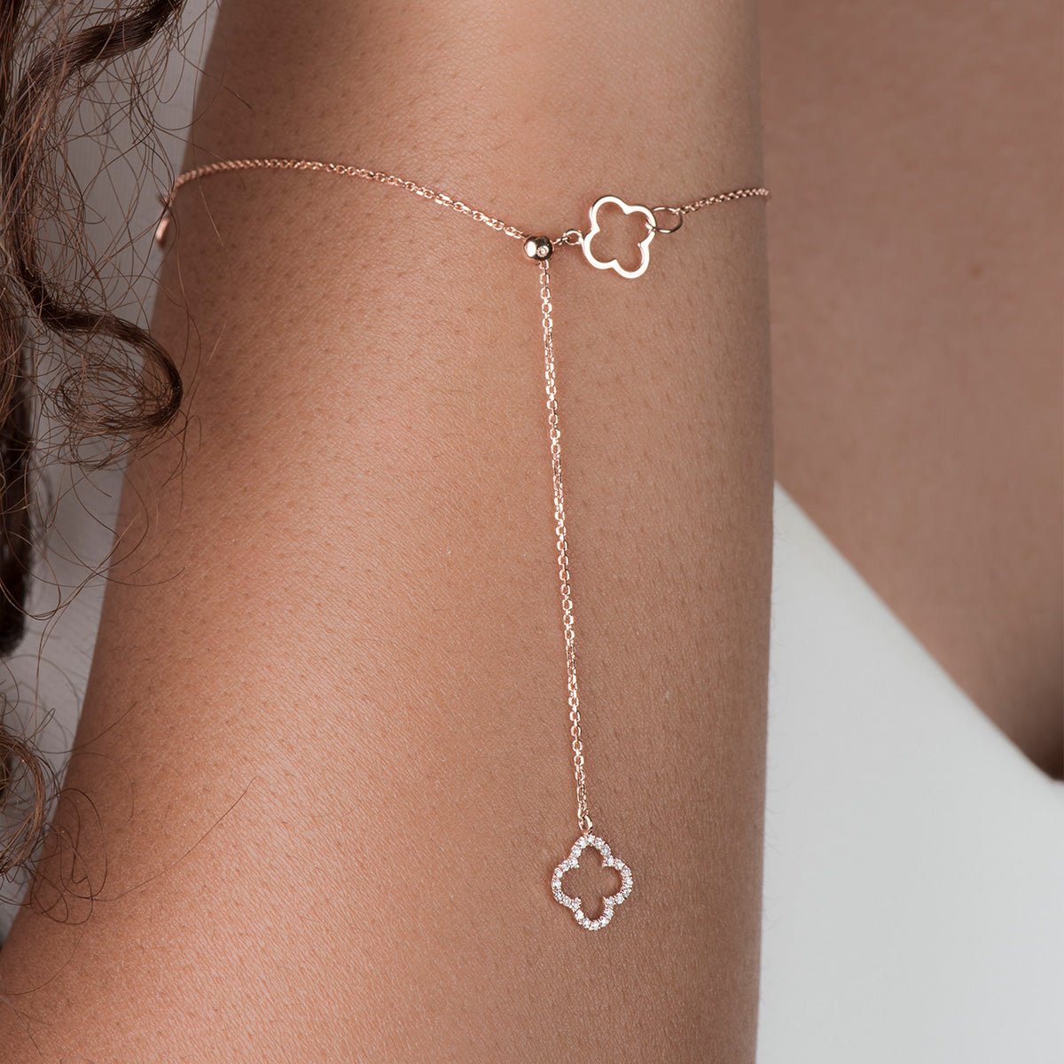 14K Rose Gold Diamond Clover Lariat Bolo Bracelet - Elegant Adjustable Chain for Women, Perfect for Weddings, Parties & Everyday Wear