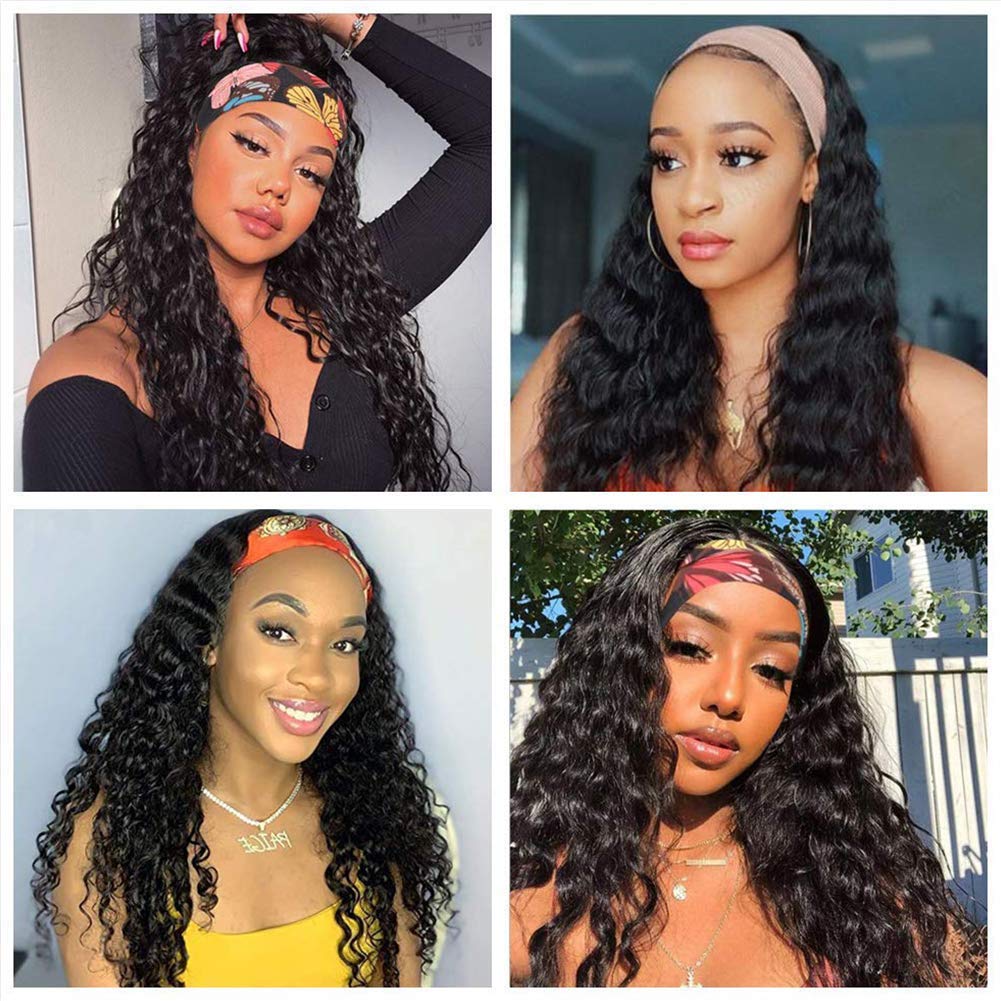 XSY Deep Wave Human Hair Headband Wig - 26 Inch Brazilian Virgin Hair for Black Women | 150% Density Curly Half Wig | No Lace Front | Natural Color | Perfect for Daily Wear, Parties & Protective Styling