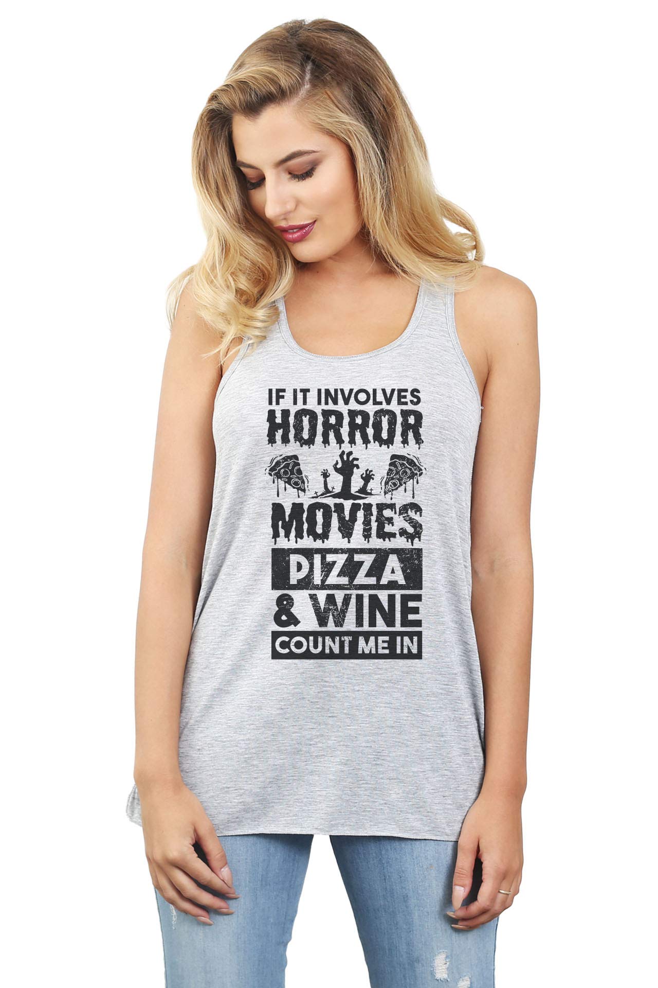 Horror Movies Pizza and Wine Women's Sleeveless Flowy Racerback Tank Top - Casual Summer Outfit for Parties, Dates & Girls Night Out